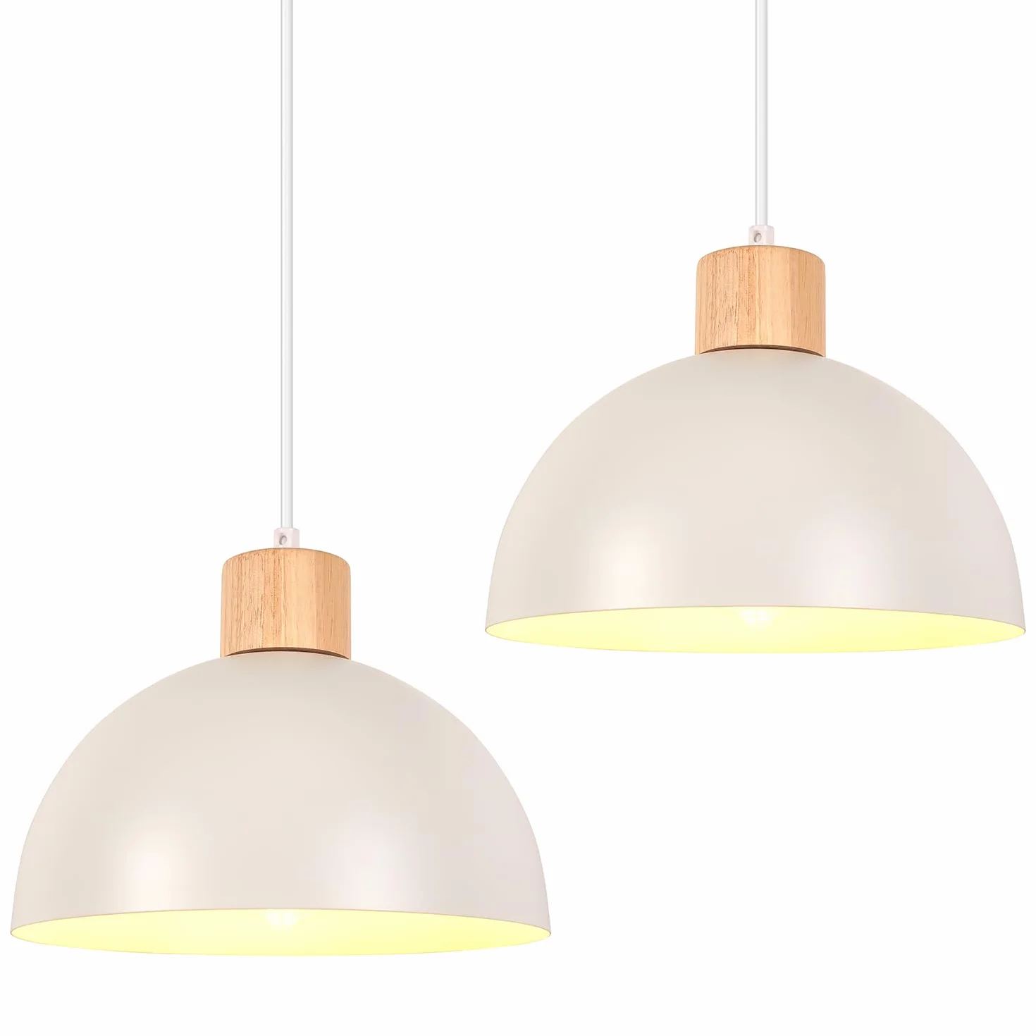 iDEGU Zestaw 2 żyrandoli wiszących w stylu retro, nowoczesny styl, półokrąg, lampa sufitowa E27, drewniana metalowa lampa wisząca do jadalni, kuchni, salonu, sypialni, Ø 25 cm (biały)