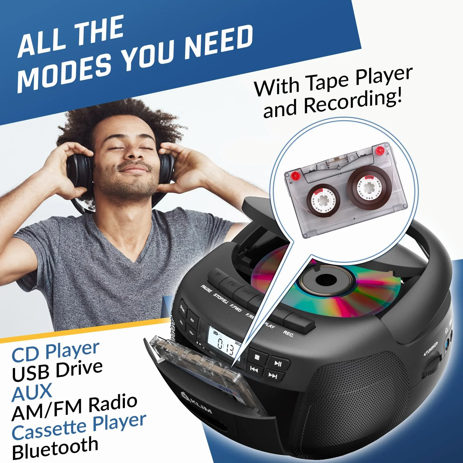 KLIM Odtwarzacz CD + odtwarzacz kasetowy audio, radio AM/FM, radio Bluetooth, odtwarzacz CD stereo, pilot zdalnego sterowania, nagrywanie na taśmie, dysk USB, AUX, radio stereo, dom, zasilanie AC/DC