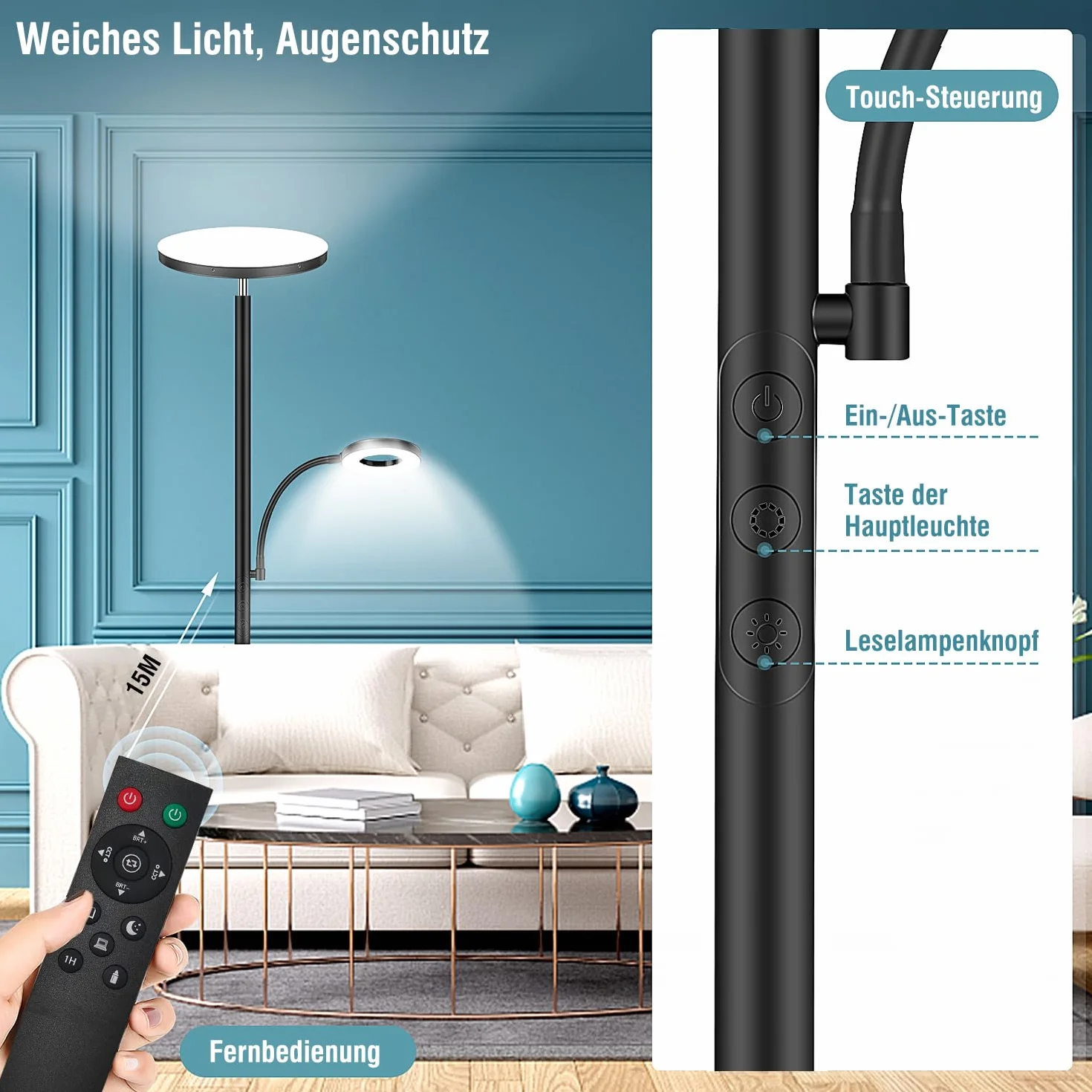 Lampa podłogowa LED 42W 4500 lm super jasna stojąca salonu, 2700 K-6500K lampy podłogowe do czytania z pilotem i sterowaniem dotykowym, wysoka lampa podłogowa do salonu, sypialni, biura