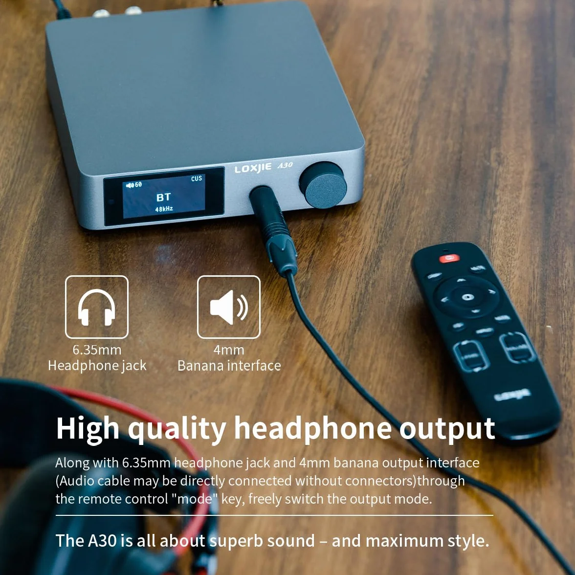 LOXJIE A30 stacjonarny wzmacniacz stereofoniczny DAC ES9023 Infineon MA12070 klasa D USB optyczne koncentryczne RCA Bluetooth 5.0 pilot szary