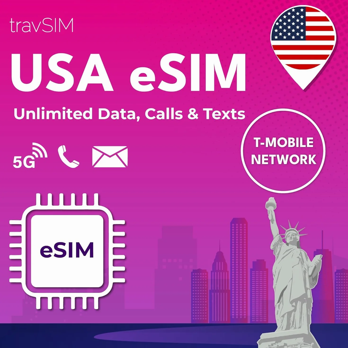 travSIM USA eSIM T-Mobile Nieograniczone dane połączenia SMS Ameryka iOS Android
