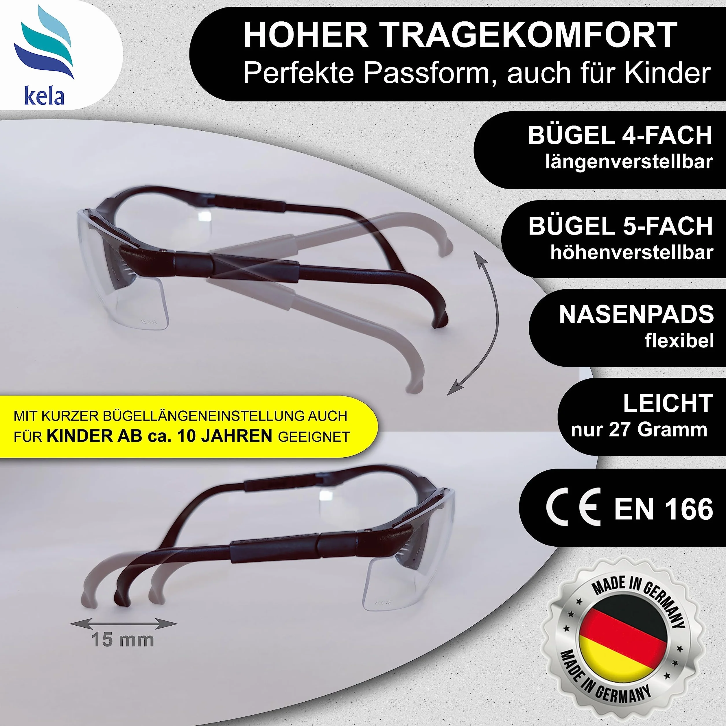 kela Zestaw 12 par okularów ochronnych SKY I 100% Made in Germany | odporne na zarysowania okulary robocze z UV400 i wbudowaną ochroną boczną I okulary sportowe z regulacją wysokości i wzdłużnie