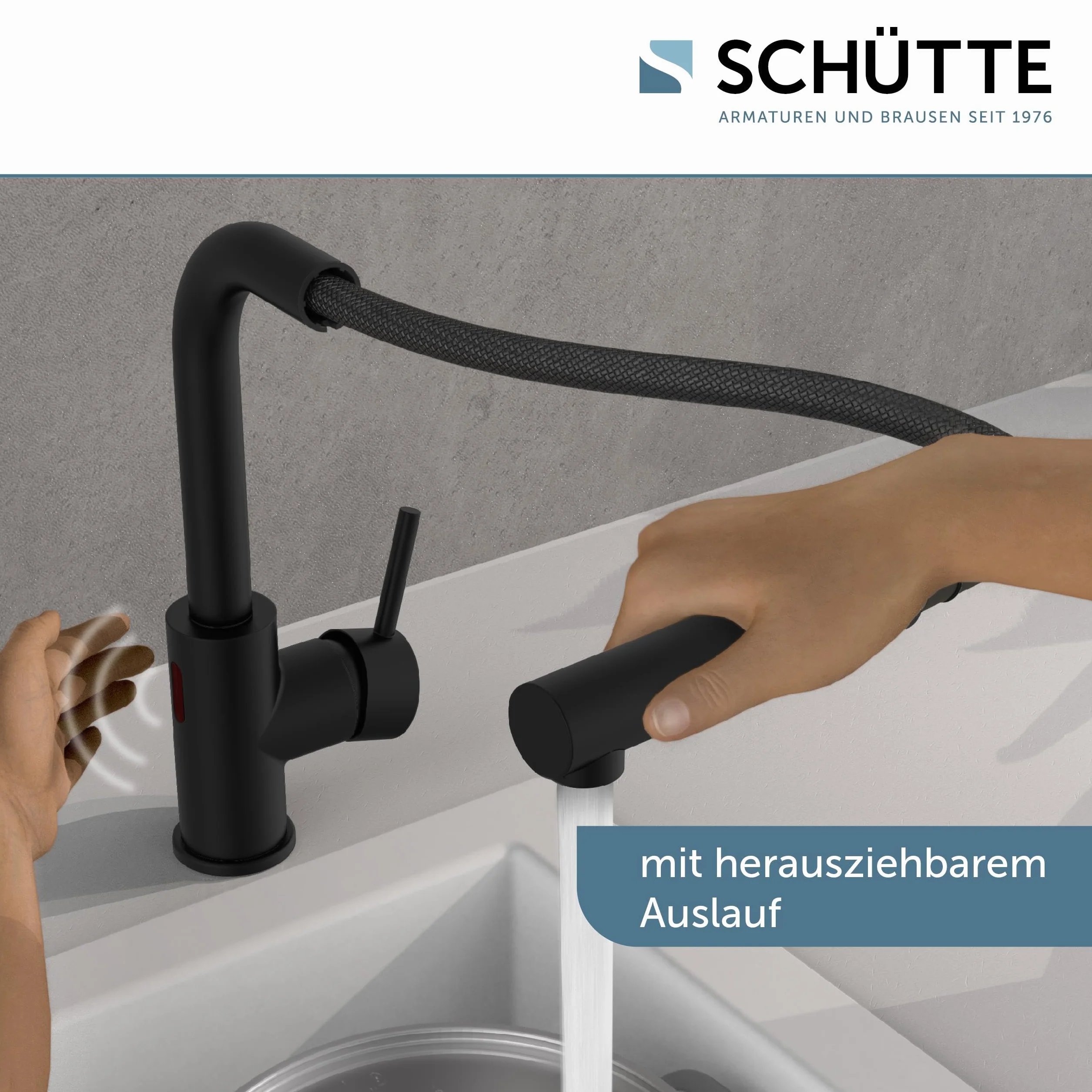 SCHÜTTE 99760 VITAL armatura zlewozmywakowa z czujnikiem, armatura kuchenna z wyciąganą słuchawką, automatyczny kran z czujnikiem, bateria mieszakowa, zlew, bezdotykowa armatura na podczerwień, czarna