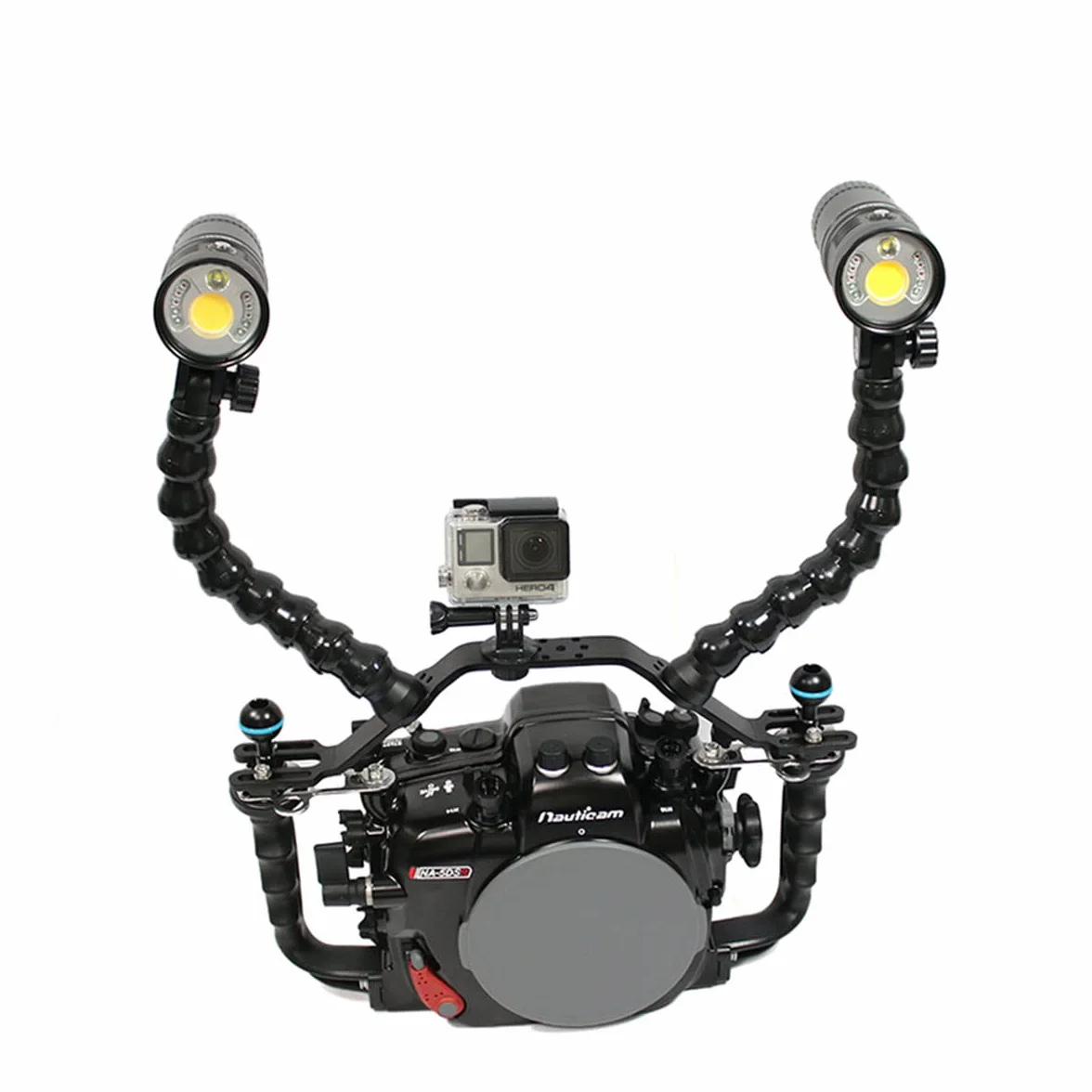 nitescuba NS10-H uchwyt obudowy kamery podwodnej materiał aluminiowy z dodatkowymi dwoma mocowaniami kulowymi i adapterem do montażu na statywie do GoPro Nadaje się do obudowy nuaticam i tacy NS10