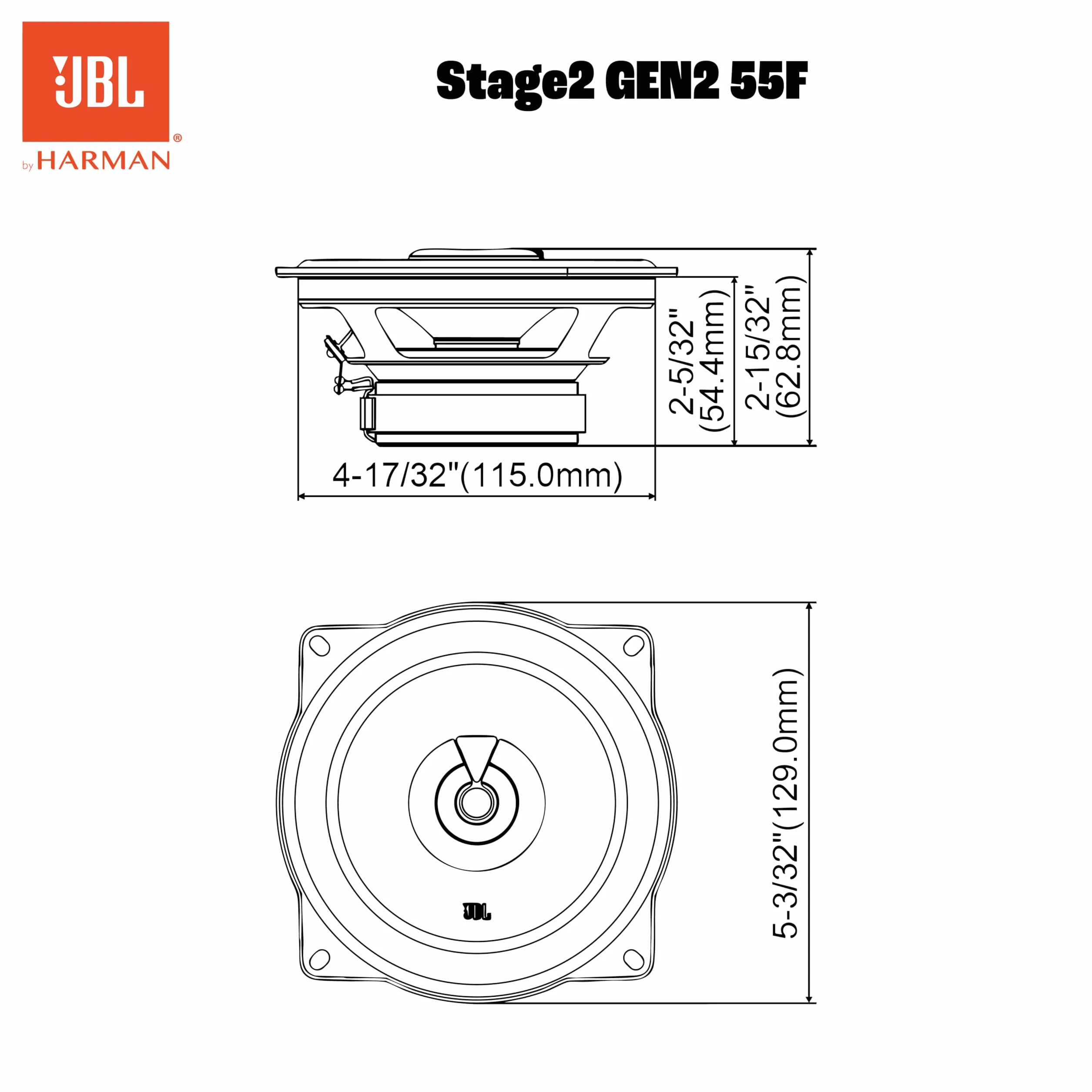 JBL Stage2 GEN2 55F 5,25 cala 130 mm 2-drożne koncentryczne głośniki samochodowe 50 W RMS 220 W szczytowy para