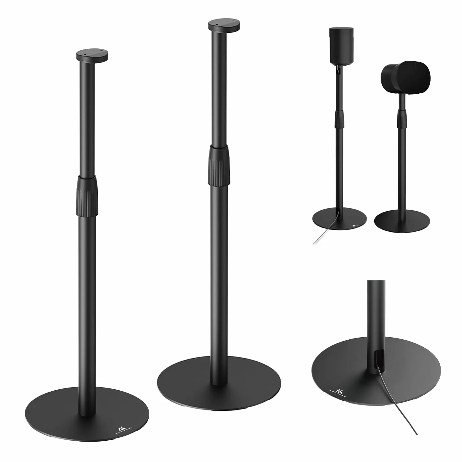 Maclean MC-496 Statyw podłogowy do Sonos Era 100 i 300 | Regulacja 682-1068 mm | Zarządzanie kablami i stabilna podstawa | Zestaw 2 czarnych statywów