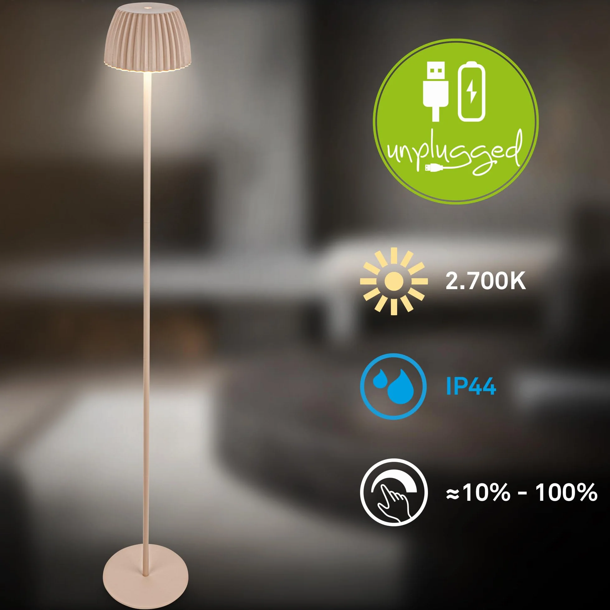 BRILONER - Riffle lampa stojąca LED, bezprzewodowa, IP44, dotykowa, możliwość ściemniania, funkcja pamięci, wymienna bateria, lampa stojąca na baterie, lampa do czytania, lampa do salonu, niemiecki