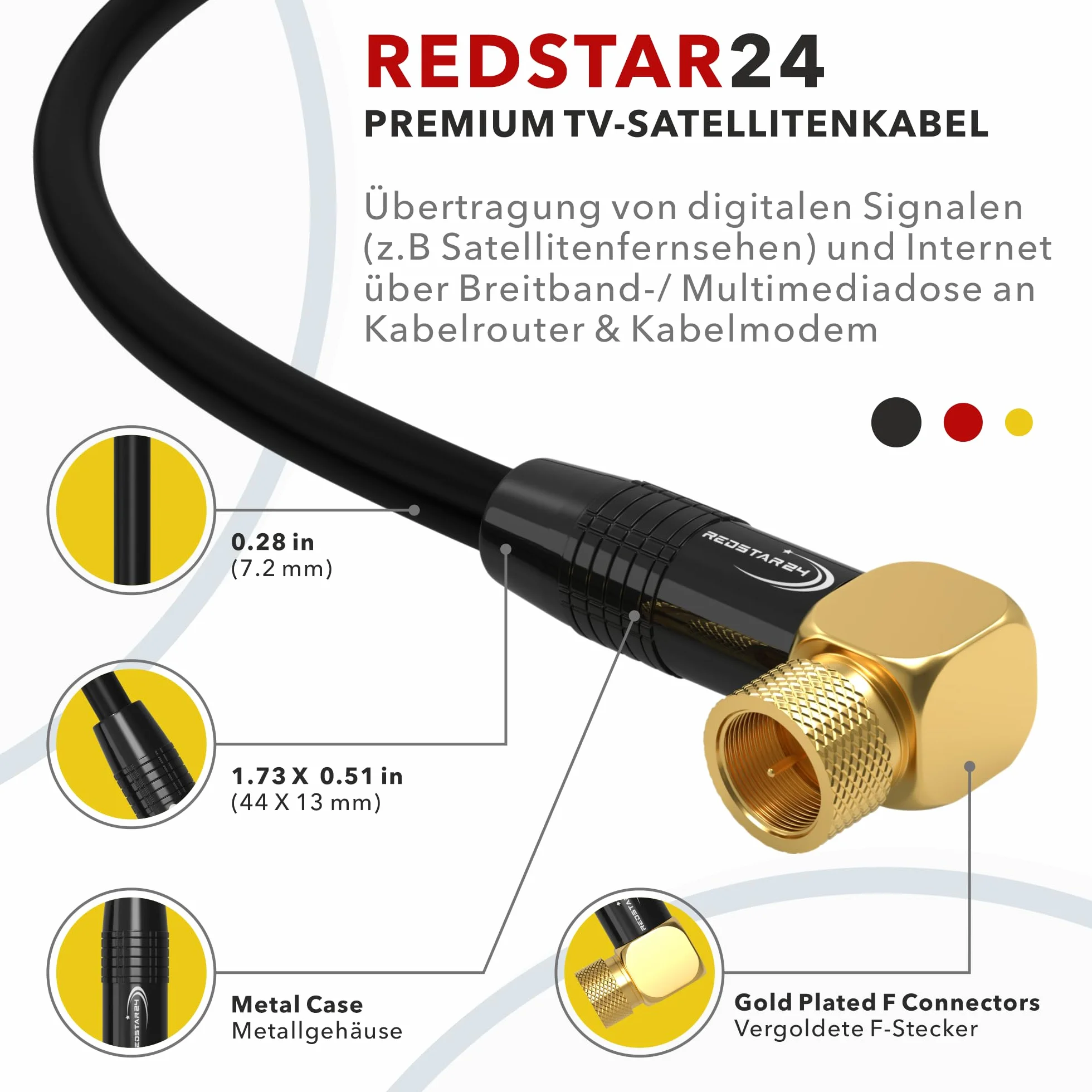 RedStar24 Kabel antenowy SAT koncentryczny 135dB 2x F 1x 90° pozłacany Ultra HD 4K 3D UHD