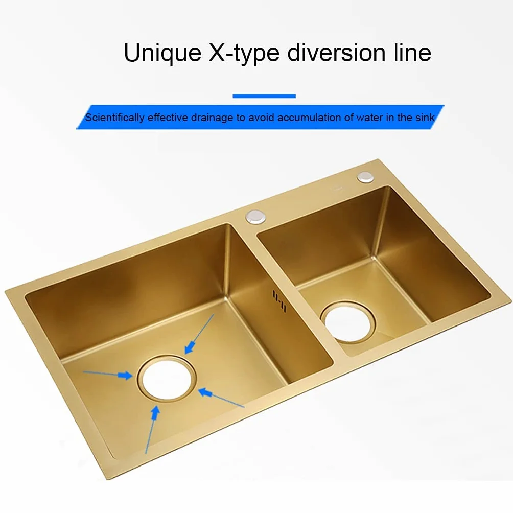 Zlewozmywak kuchenny. Szczotkowane złote podwójne miski ze stali nierdzewnej Drop In Kitchen Decoration Drop-In Or Undermount Nadaje się do kuchni Dziedziniec Biuro Bar Pralnia Koryto