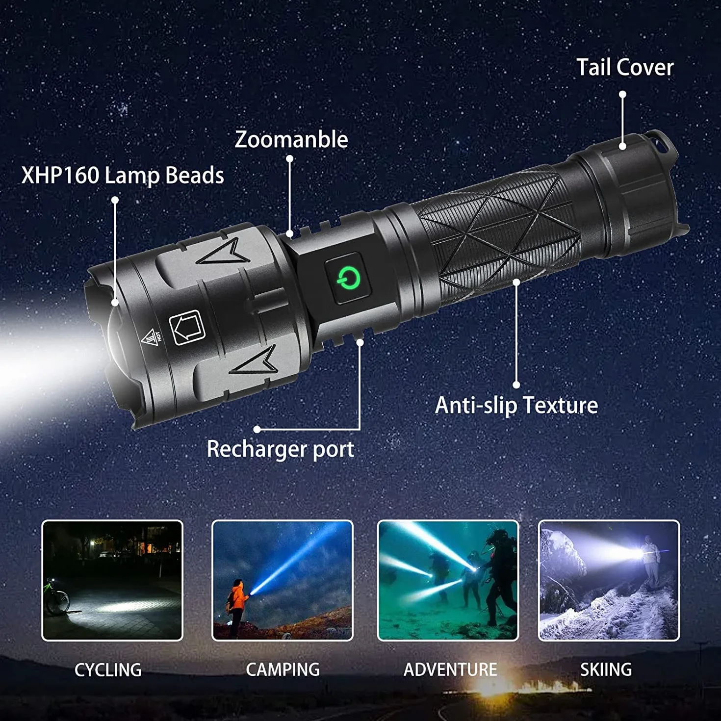 Latarka LED ładowana, latarka XHP160 LED 15 000 lumenów, akumulator 8800 mAh wystarcza na 12 godzin, latarka LED, bardzo jasna, z 5 trybami, do biwakowania, wędrówek, na zewnątrz