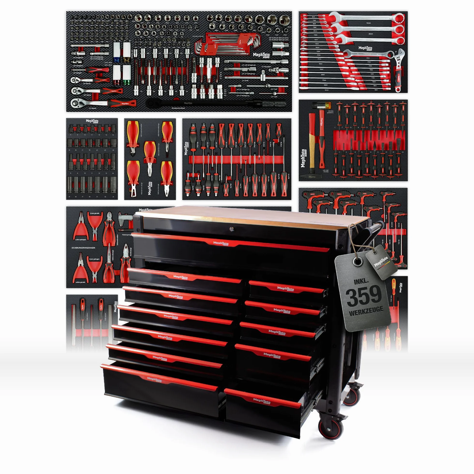 Mephisto Pro-Line duży wózek warsztatowy z 12 szufladami, w tym 11 w zestawie narzędzia takie jak śrubokręt VDE, grzechotka z skrzynką na orzechy, zestaw wkrętaków z miękką wkładką z włókna węglowego