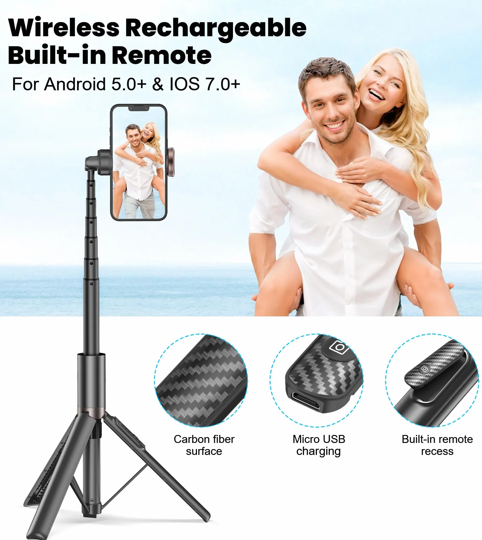 TONEOF Kijek do Selfie Statyw 153CM Obrotowy 360° Wysuwany Aluminiowy Pilot iPhone Android Złoty
