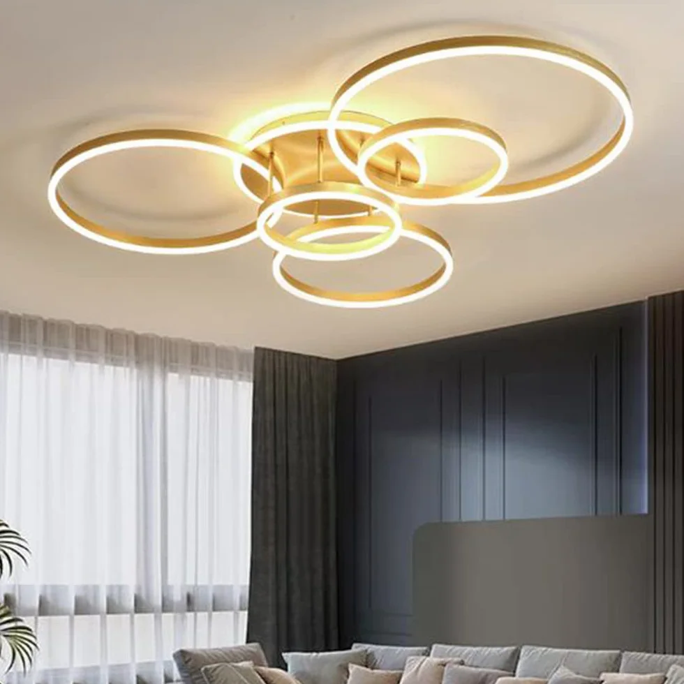 Lampa Sufitowa LED Nowoczesna Lampa Sufitowe Do Salonu Możliwość Przyciemniania Okrągły żyrandol Sypialnia Jadalnia Pokój Dziecięcy Lampa Eisząca Biuro Oświetlenie Wewnętrzne 6 Kółek,Gold
