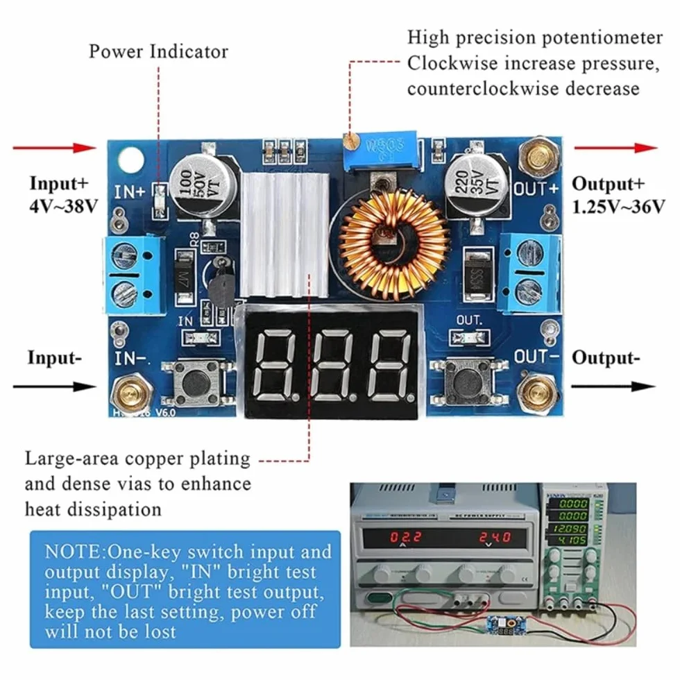 DollaTek Mały konwerter napięcia prądu stałego regulator 4-38V do 1,25-36V 5V/12V stabilizator napięcia wyjściowego