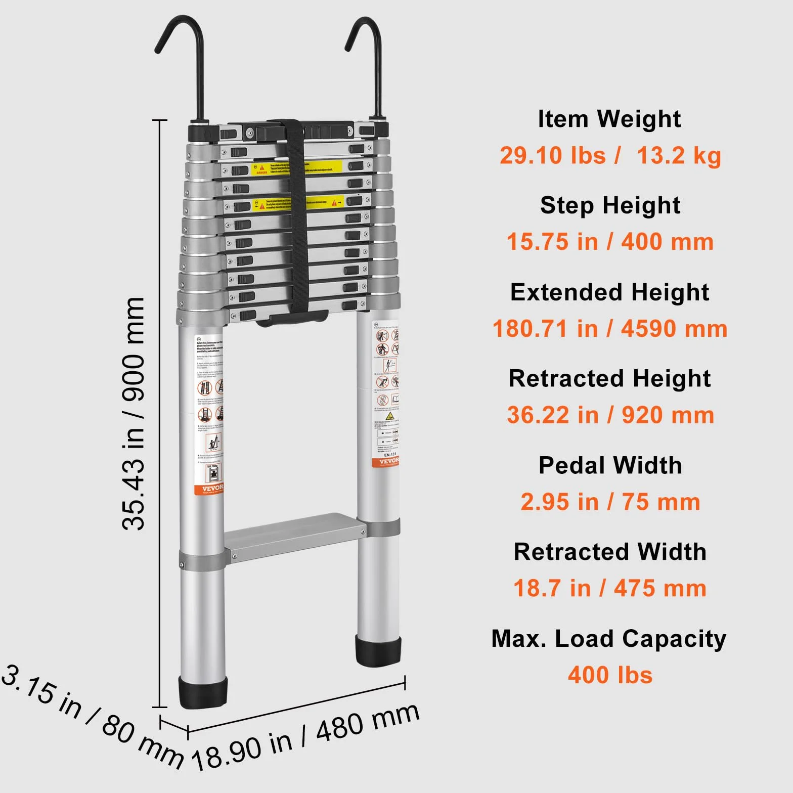 VEVOR Aluminiowa drabina teleskopowa obciążenie 190 kg przenośna drabina przedłużająca zasięg 4,6 m Antypoślizgowa kompaktowa wielofunkcyjna drabina z jednym przyciskiem do naprawy domu