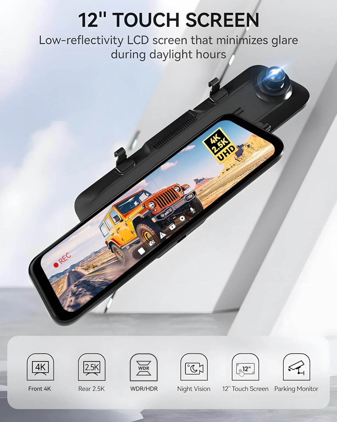 WOLFBOX Dashcam 4K + 2,5K für Rückspiegel 12 Zoll Bildschirm WDR Nachtsicht 64GB GPS