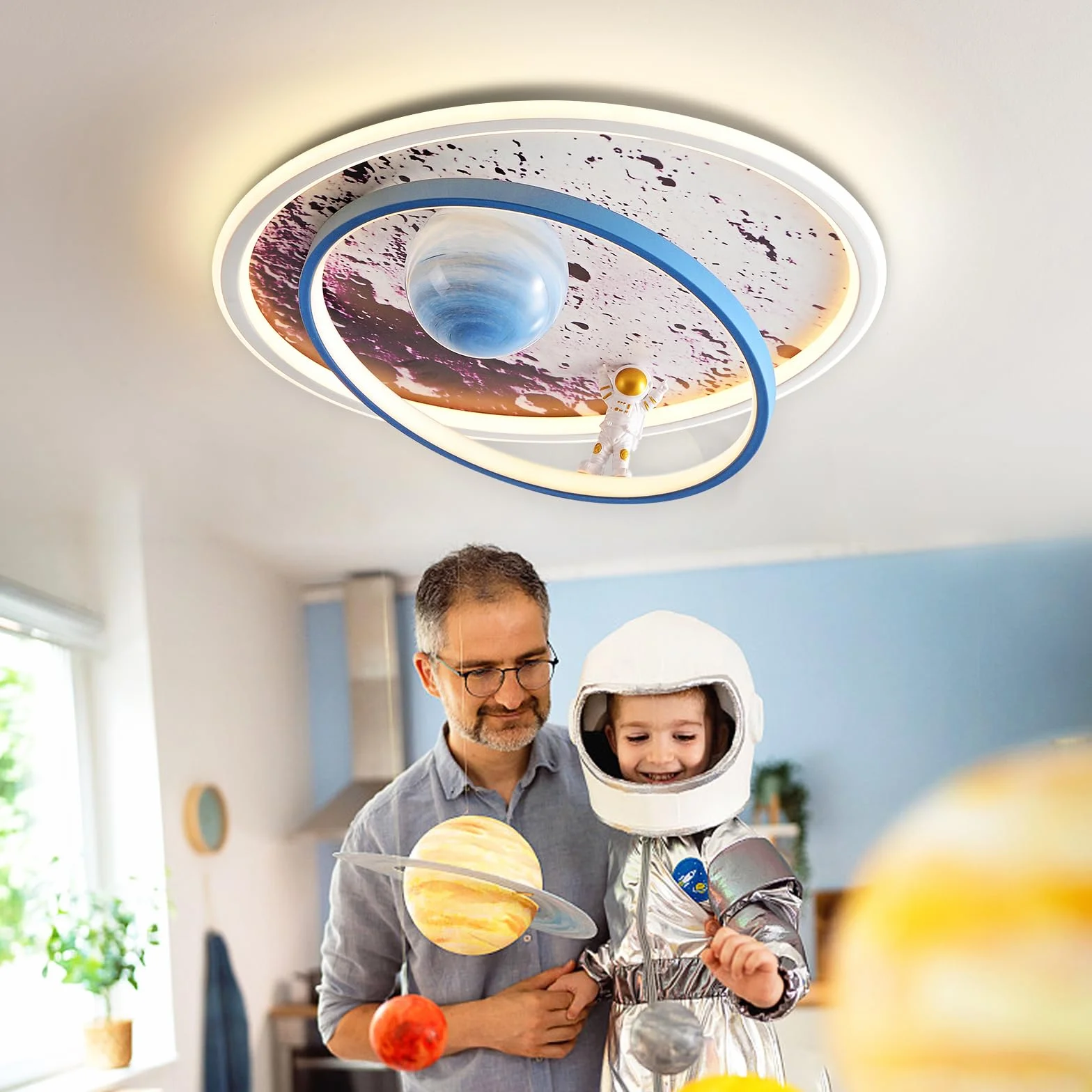 Lampa sufitowa do pokoju dziecięcego, ściemniana, lampa sufitowa LED, księżyc, astronauta, lampa sufitowa z pilotem zdalnego sterowania, dla dzieci, dziewczynek, chłopców, do salonu, sypialni, pokoju