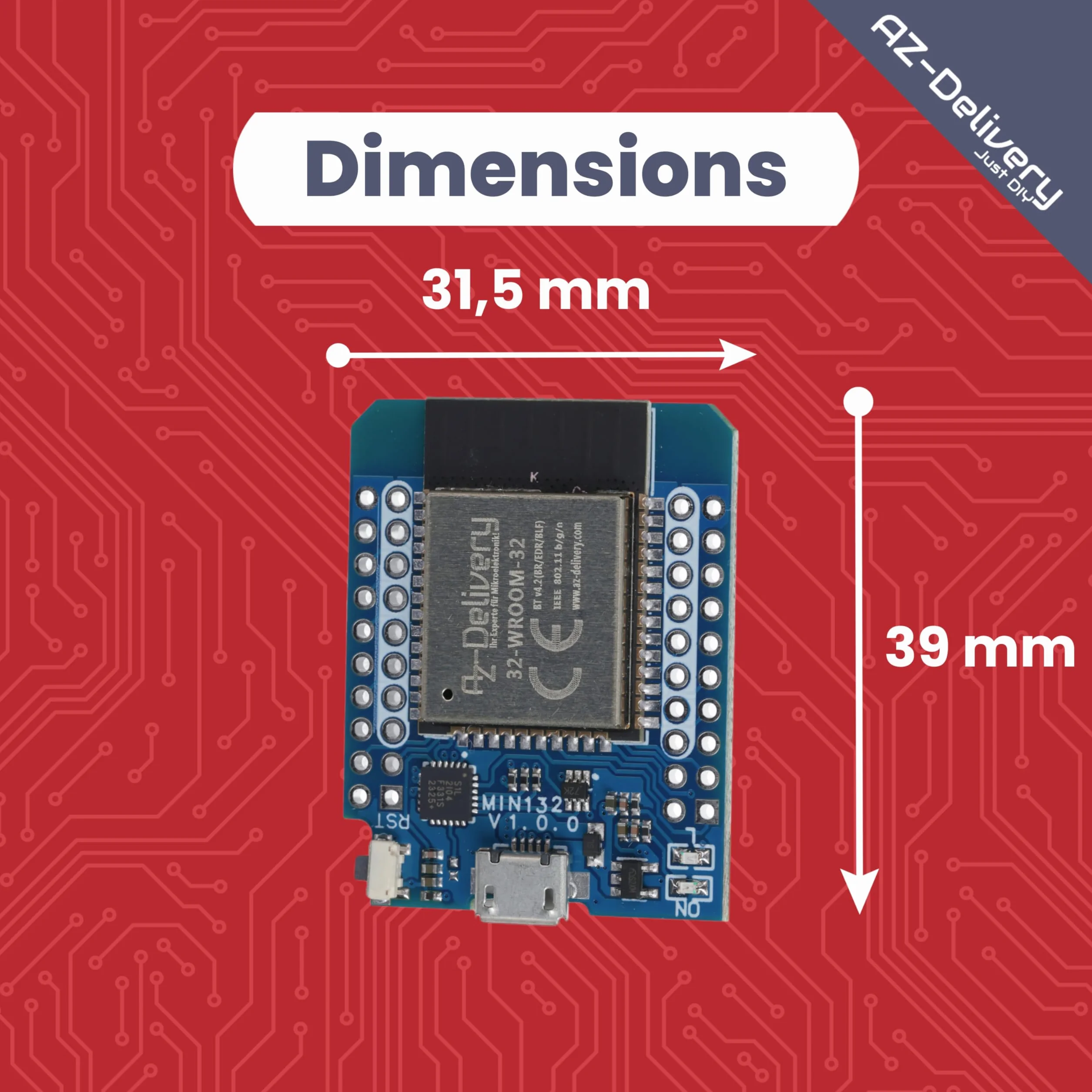 AZDelivery ESP32 D1 Mini NodeMCU WiFi Bluetooth Moduł Rozwojowy Arduino