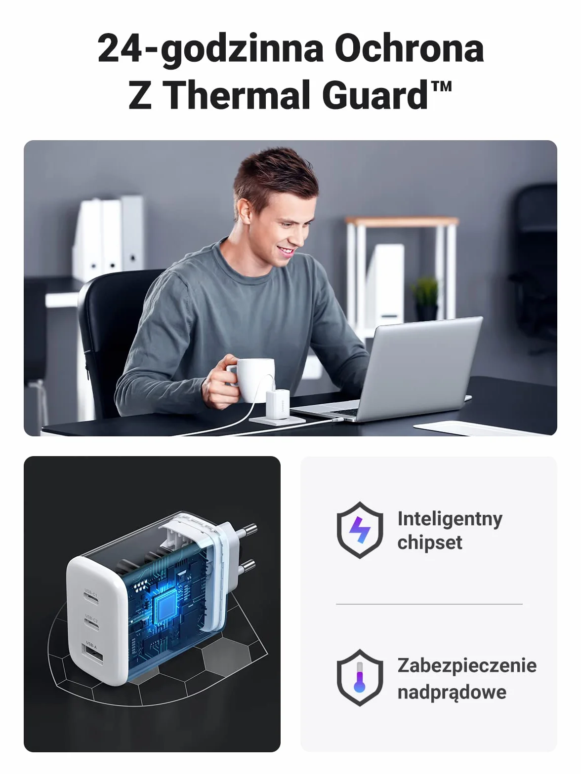UGREEN 65W 3-portowa szybka ładowarka USB C kompatybilna z MacBook Pro, iPhone, Galaxy S23 Ultra, S22, S21 (Biały)