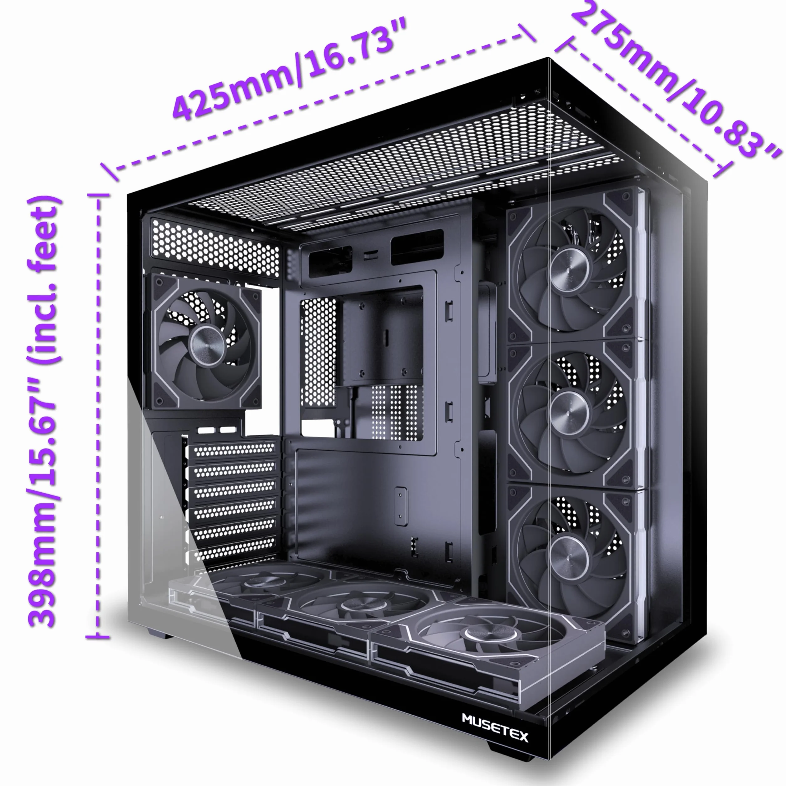 MUSETEX Y6 Obudowa PC z preinstalacją 7 wentylatorów Infinity Mirror PWM ARGB, obudowa komputerowa ATX Mid Tower, obudowa do gier z Type-C, 270° pełny widok ze szkła hartowanego, Czarny