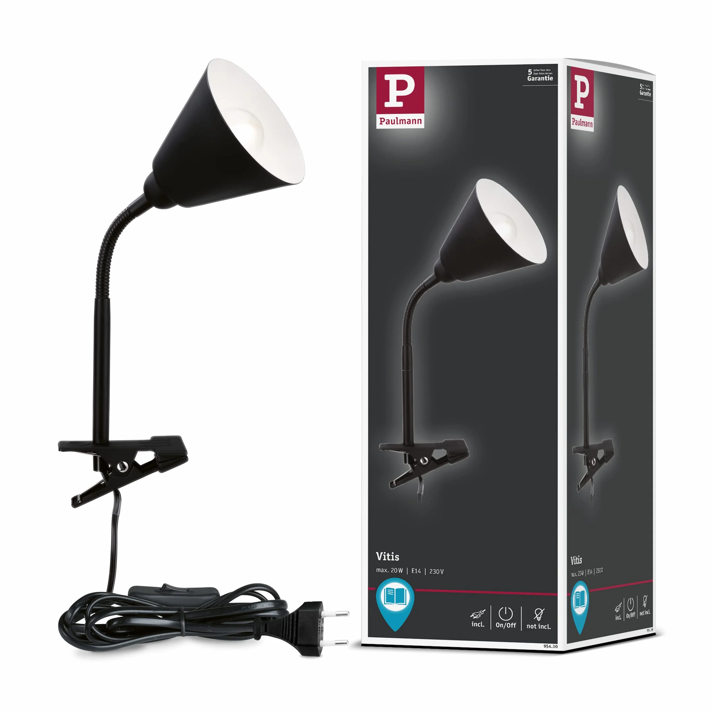 Paulmann 95430 oprawa zaciskowa Vitis z ramieniem elastycznym maks. 20 W lampa wyłącznik przelotowy czarna metalowa tw. sztuczne E14