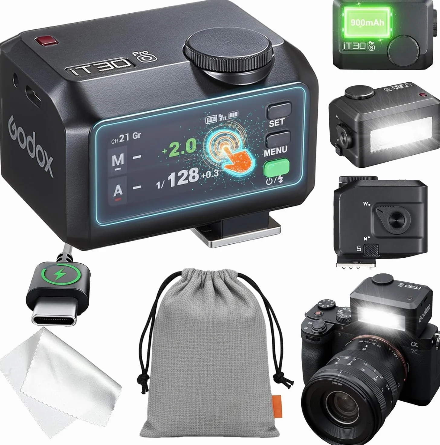 Godox iT30Pro O TTL Mini lampa błyskowa, iT30 Pro O bezprzewodowa lampa błyskowa 2.4G HSS 1/8000 s TTL, z ekranem dotykowym i USB-C, kompatybilna z Olympus i Panasonic E-M1, PEN-F, GH4, GX85 itp.