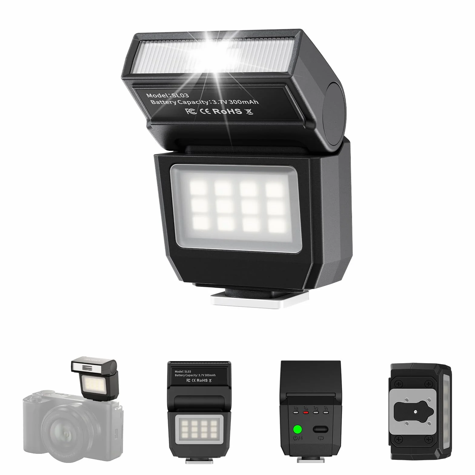 ULANZI SL03 Mini lampa błyskowa, GN8 6500 K, Speedlite regulacja 90°, 4 poziomy mocy (1/8 ~ 1/1), jednostykowa lampa błyskowa do lustrzanek Sony/Canon/Fuji, czarna