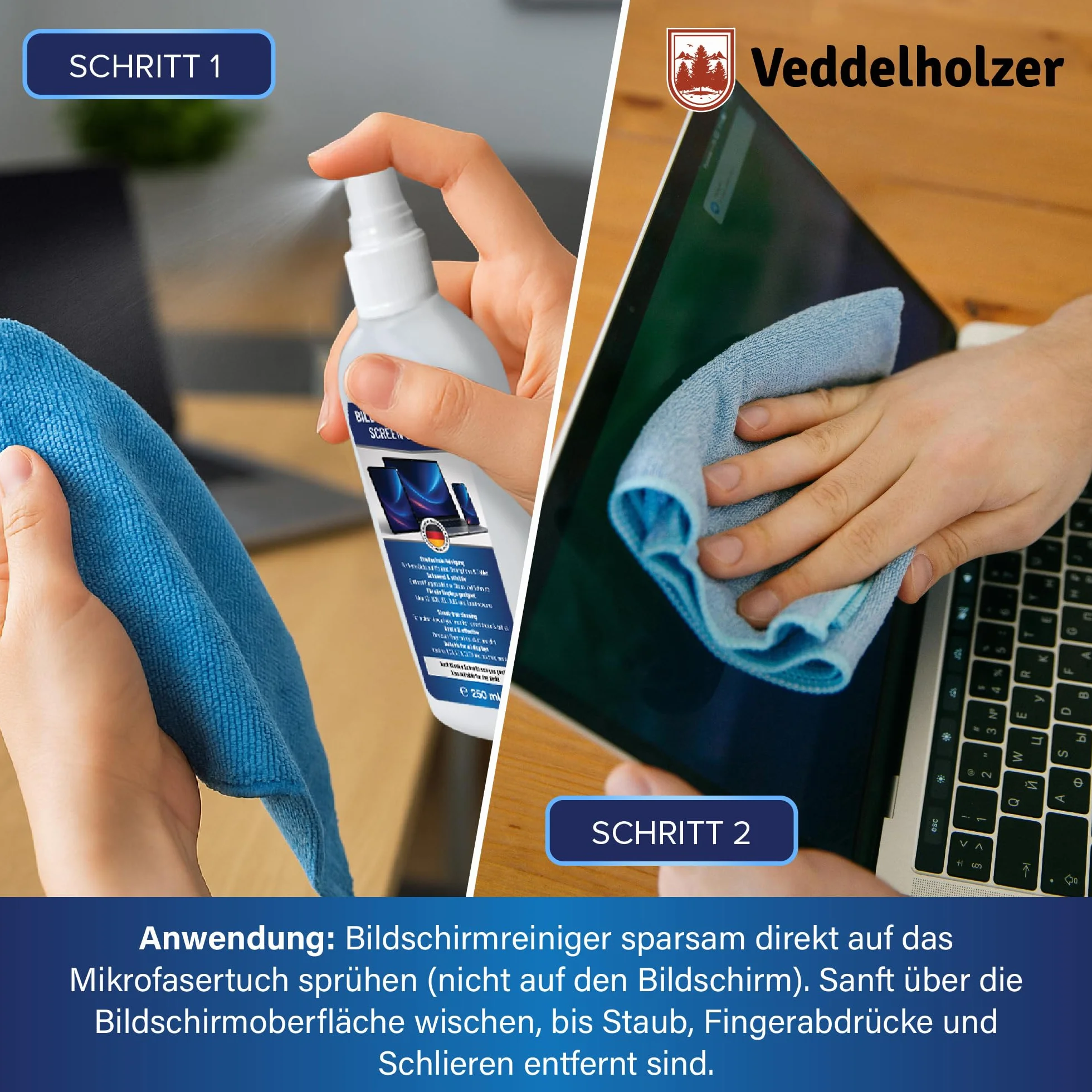 Veddelholzer Zestaw do czyszczenia ekranu 250 ml – ściereczka z mikrofibry i pędzelkiem do klawiatury – do laptopa, monitora, telewizora, smartfona, wyświetlacza samochodowego – czyszczenie wszystkich