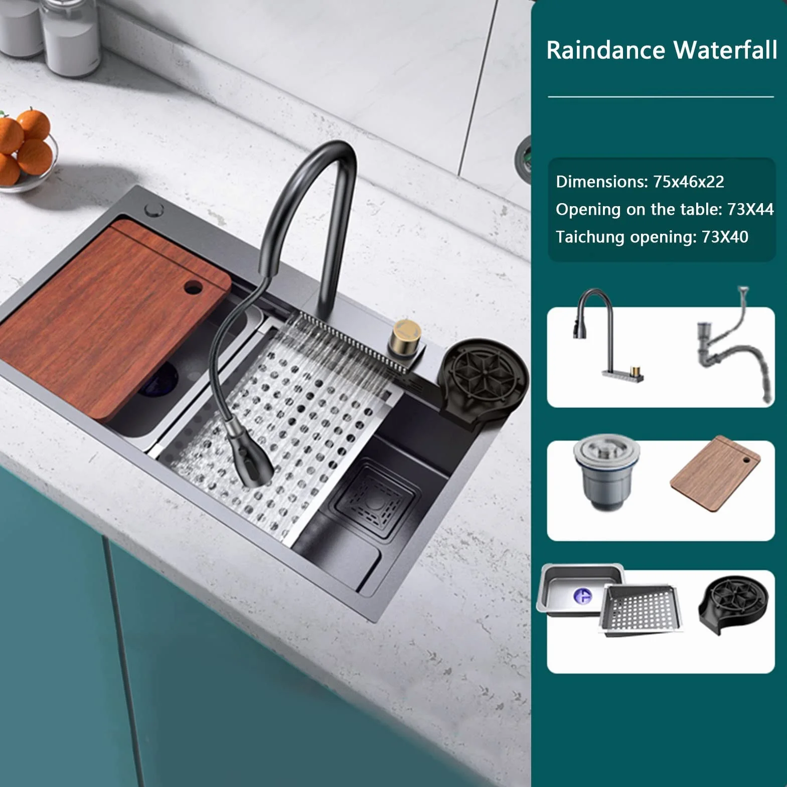 Nowy zlew kuchenny ze stali nierdzewnej z wodospadem, wpuszczany w blat lub montowany pod blatem, zestaw zlewozmywakowy Farmhouse Workstation z kranem, umywalka w umywalce, durszlak, zmywarka do szkł