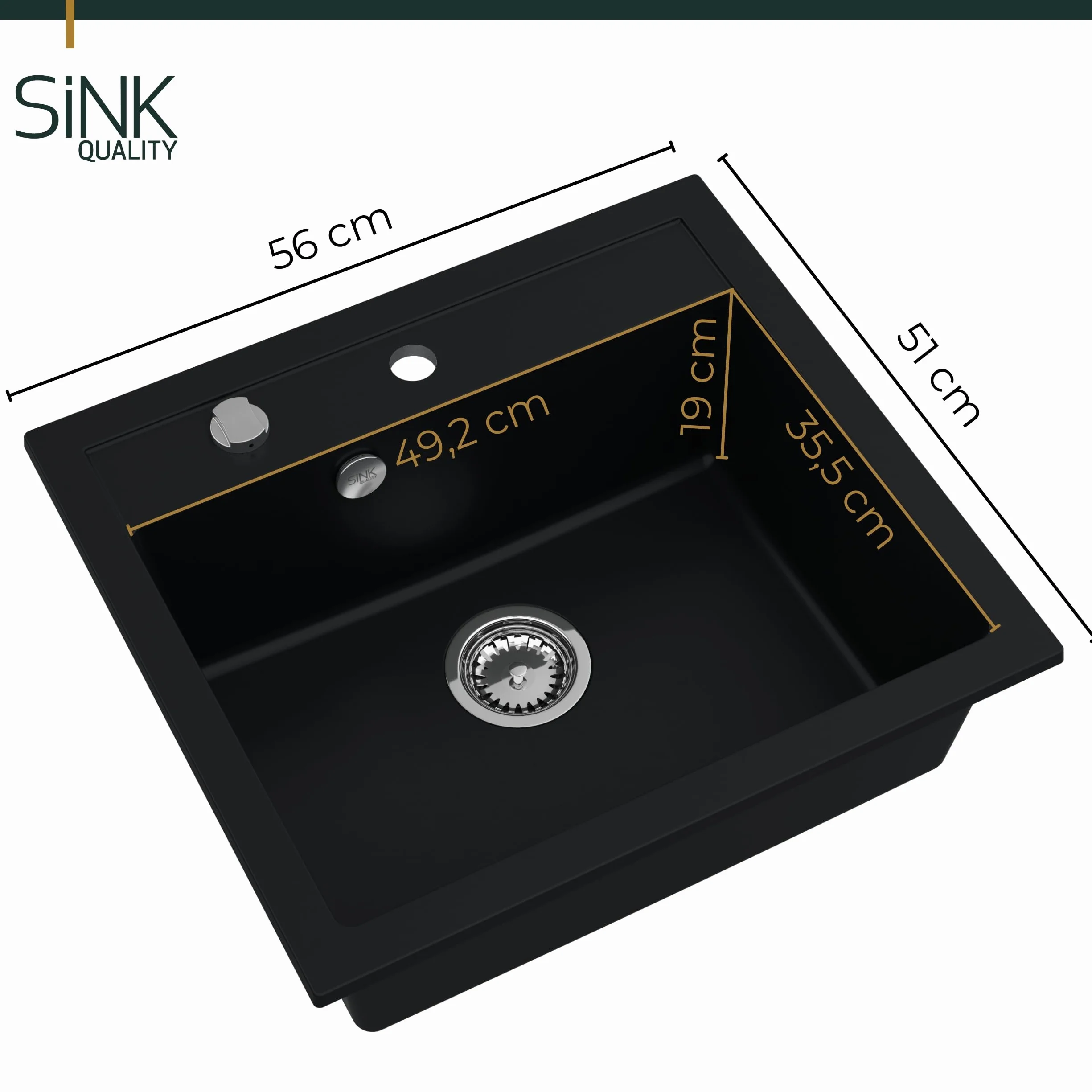 SINK QUALITY zlewozmywak granitowy czarny 56 x 51 cm - w zestawie syfon automatyczny i Impregnate - Umywalka do kuchni - zlewozmywak do szafki pod umywalkę 60 cm zlew granitowy do kuchni