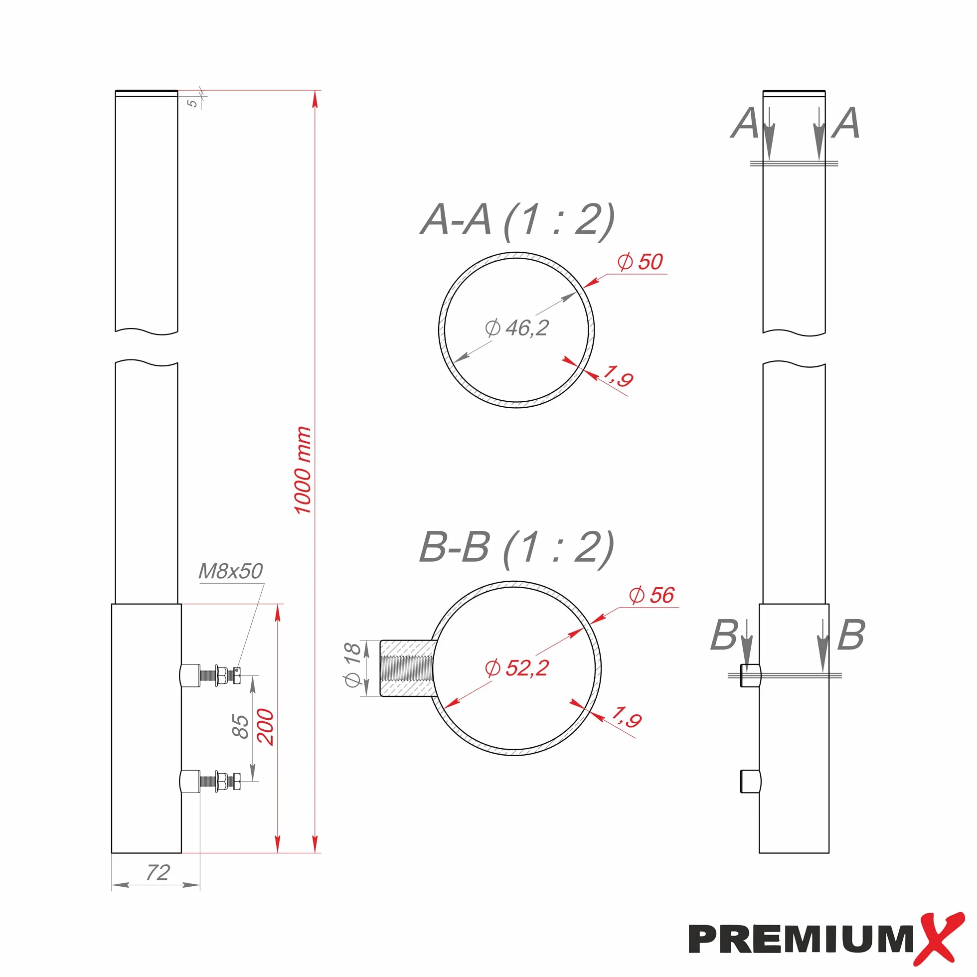 PremiumX Przedłużenie masztu aluminiowego 100 cm, średnica 50 mm, aluminiowy uchwyt na maszt z nasadką masztu
