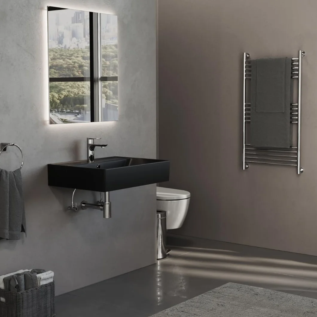 Aqua Bagno czarna matowa umywalka ceramiczna 60 cm – prostokątna umywalka nablatowa z otworem na baterię, nowoczesna, do łazienki i toalety