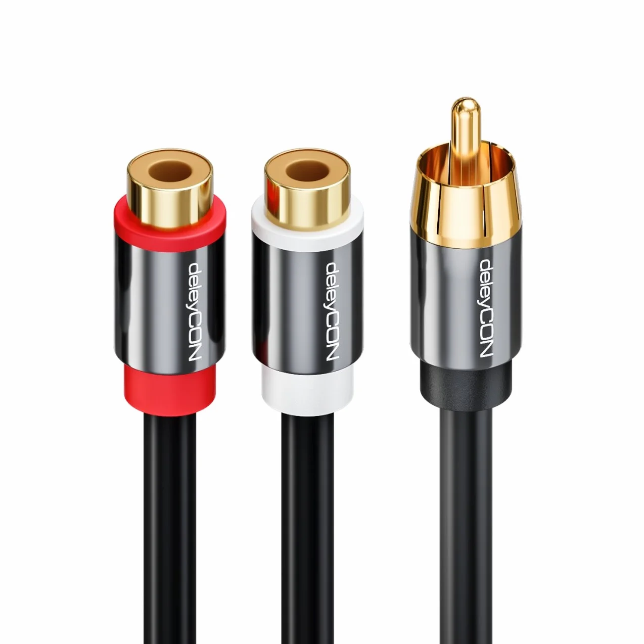 deleyCON 0,20m Kabel Audio AUX Cinch Y‑Adapter Przewód Rozdzielający do Subwoofera 1x Wtyk na 2x Gniazdo RCA Pozłacane Styki