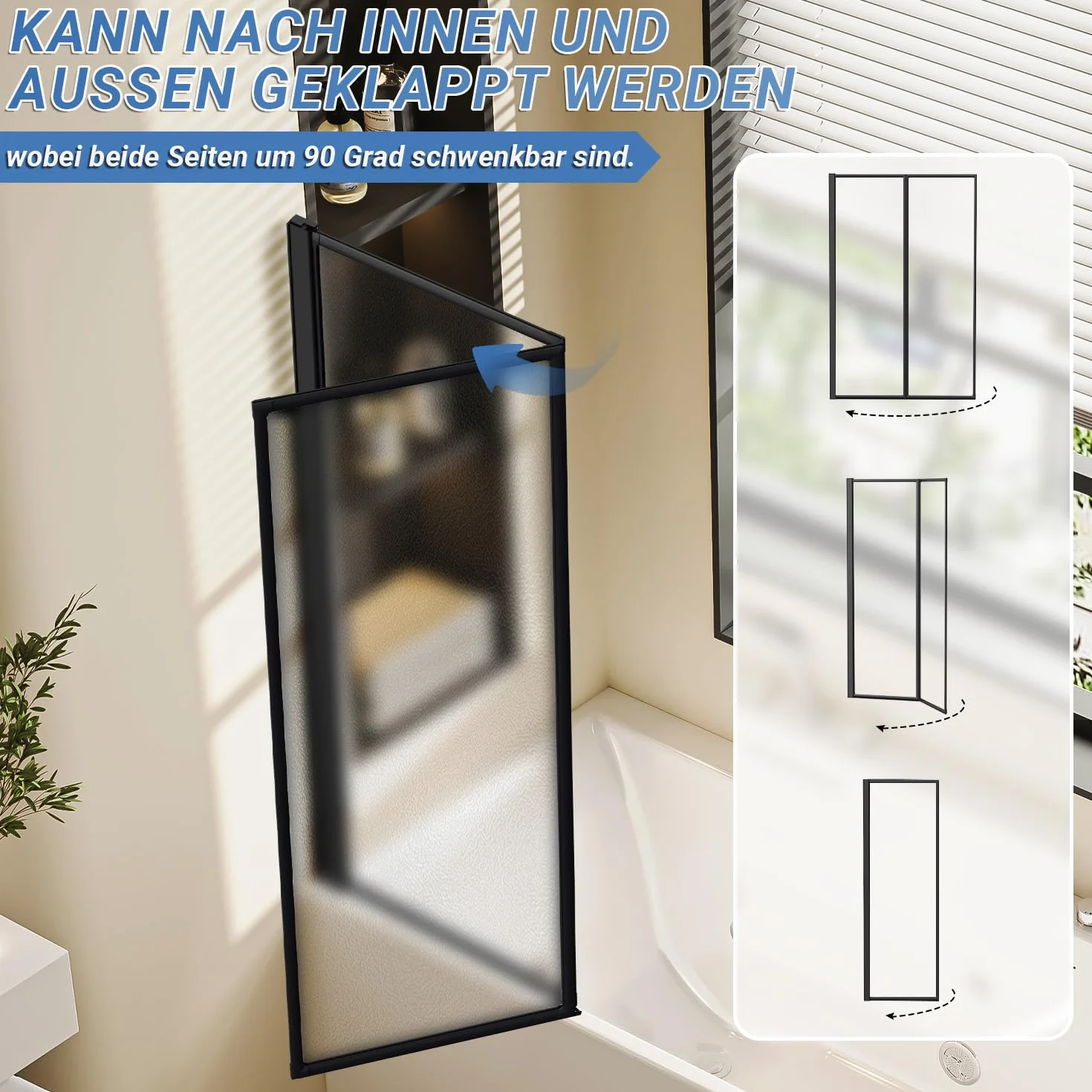 Ścianka prysznicowa do wanny 100 x 140 cm, 2-częściowa składana, tworzywo sztuczne PS, odporna na odpryski, czarna rama aluminiowa o matowej strukturze – oszczędzająca miejsce ochrona przed