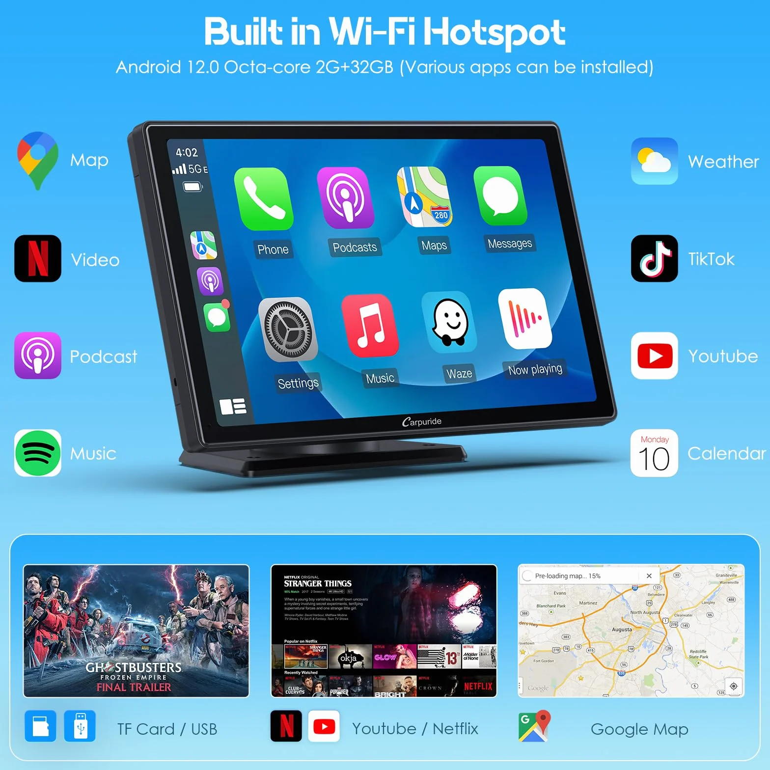 CARPURIDE W901 Plus, CarPlay & Android Auto, wbudowany GPS, system Android 12 2+32 GB, 9-calowy ekran HD, G00GLE Play, Bluetooth Audio, Mirror Link, GPS