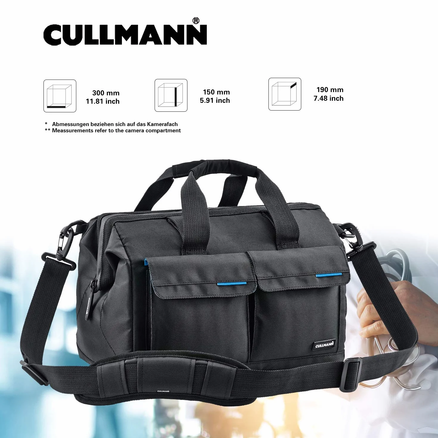CULLMANN - 98370 - AMSTERDAM Maxima 335 torba na aparat fotograficzny do średnich i dużych urządzeń lustrzanek cyfrowych z dużym otworem kieszonkowym, czarna - wymiary wewnętrzne 300 x 150 x 190 mm -