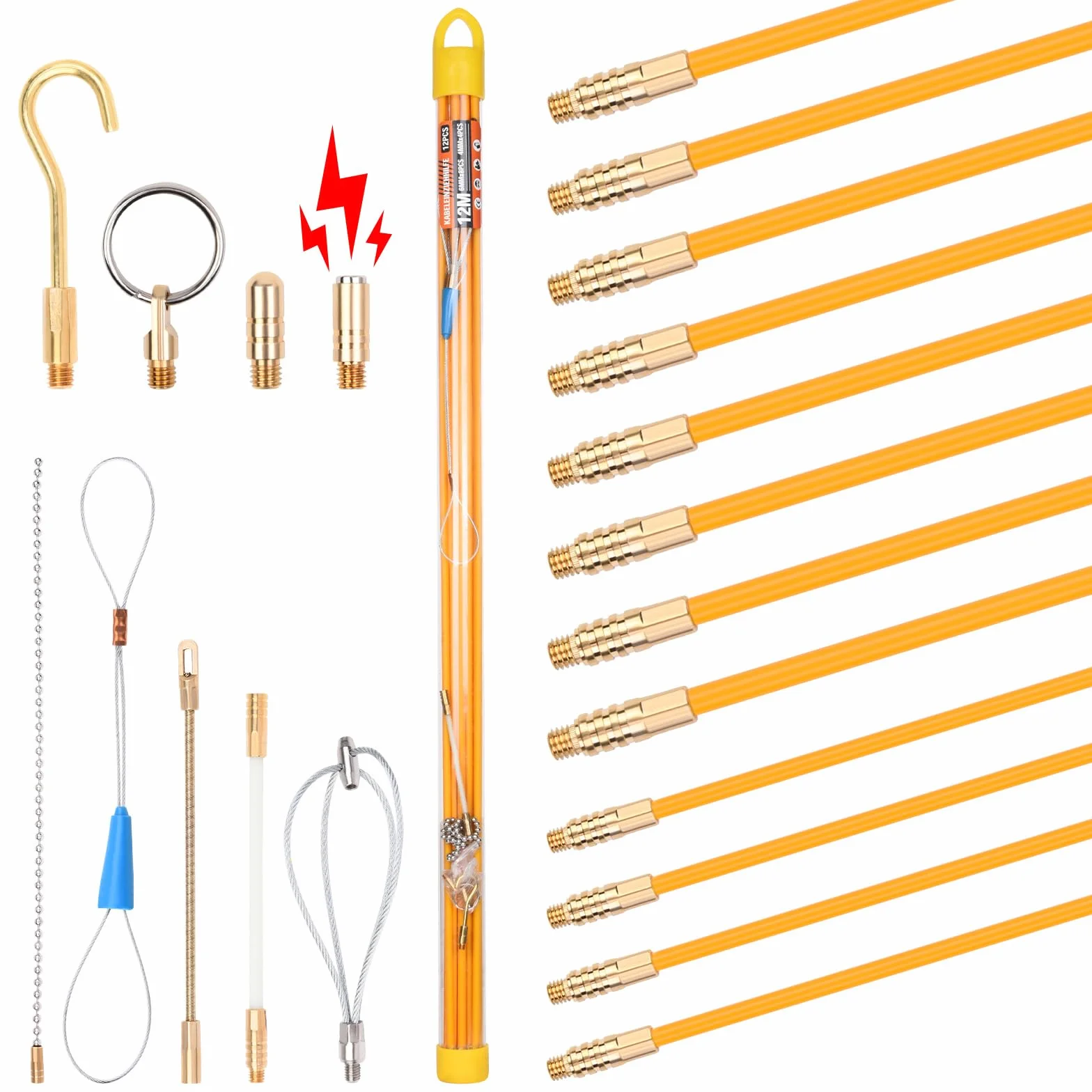 12M Wstążka do wprowadzania kabli, 4 pręty x 100 cm x 4mm pręty kablowe i 8 prętów x 100 cm x 6mm pręty kablowe z 9 adapterami do rurek pustych do układania kabli