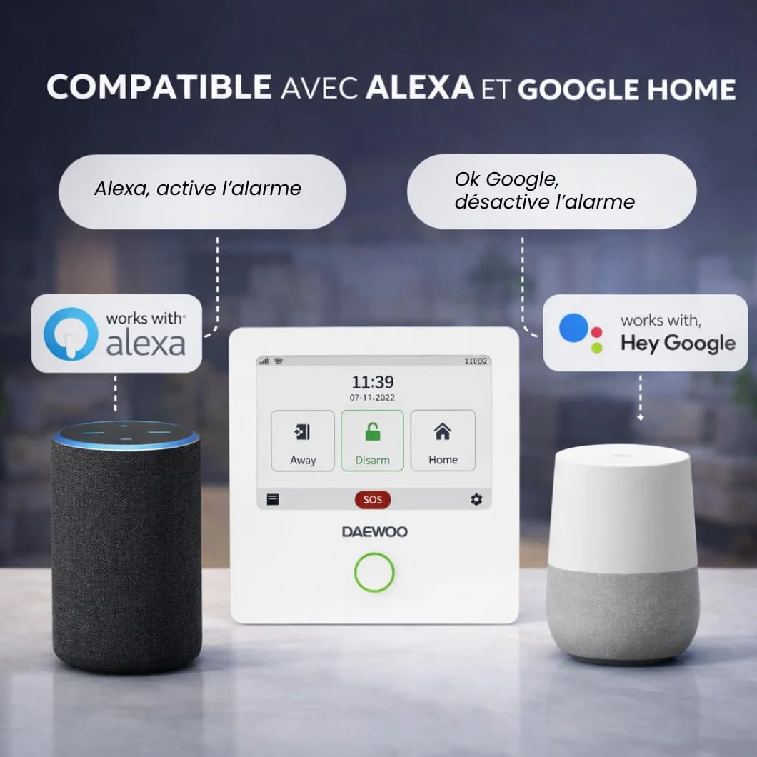 Daewoo Security Touch Essential+ - Alarm domowy bez abonamentu z kamerą HD, syreną słoneczną, 4 czujniki drzwi, 2 czujniki ruchu - kompatybilny z Alexa i Google Home
