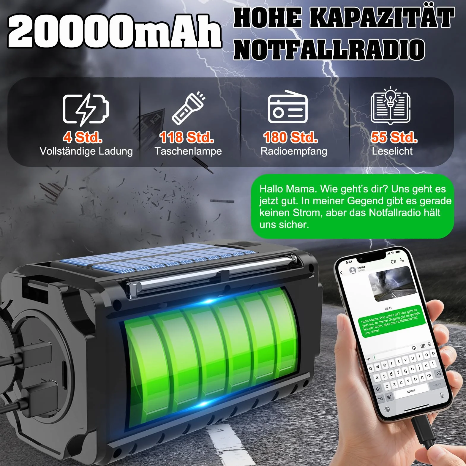 Nigecue Radio Solarne 20000mAh Przenośne z Korbą Dynamo AM/FM Wbudowana Bateria 3 Tryby LED Latarki Lampa Czytania Czujnik Ruchu