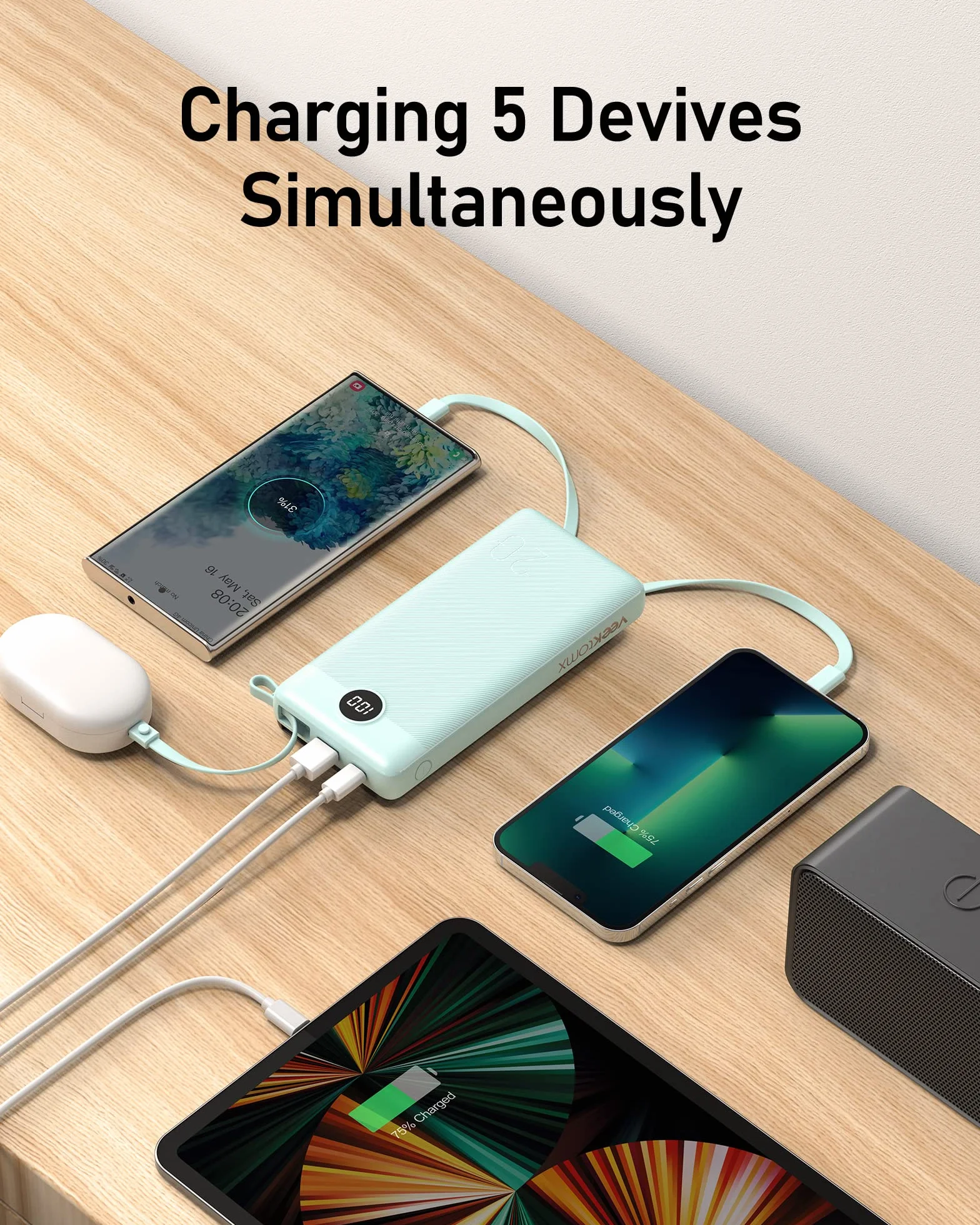 Power Bank 20000mAh z Wbudowanymi Kablami USB C 2.4A Fast Charge 5 Wyjść Przenośna Ładowarka