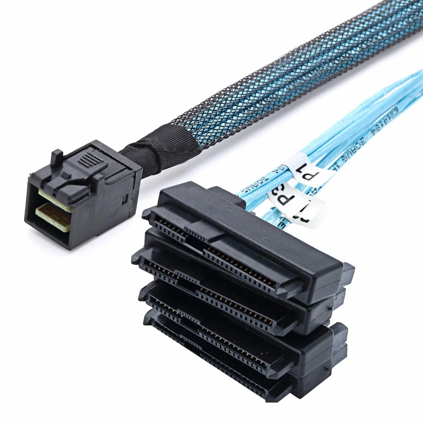 P82CS Mini SAS SFF-8643 na 4 x SFF-8482 & 4x SATA 15-pinowy rozdzielacz kabel zasilania dysk twardy