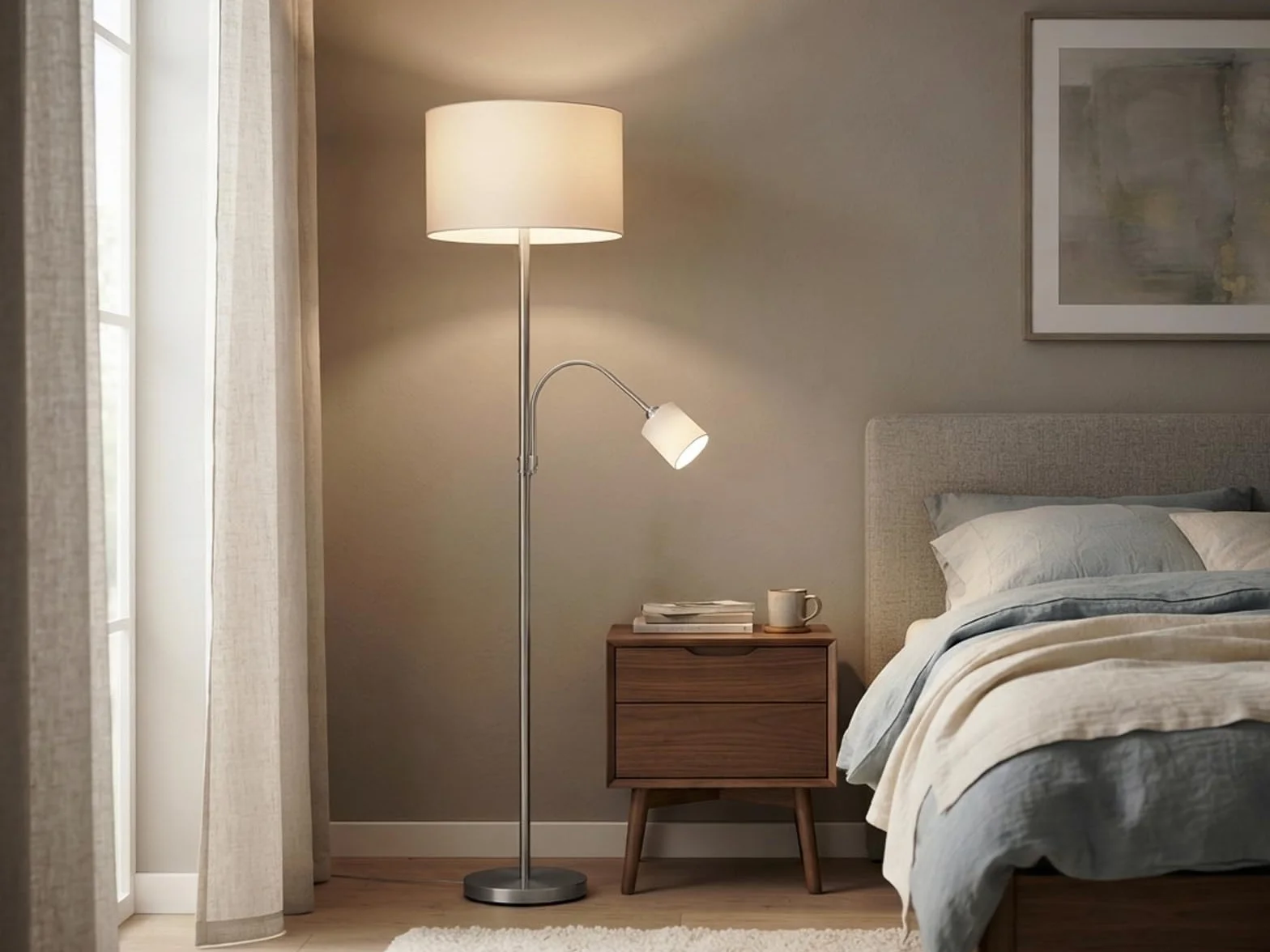 Klasyczna lampa stojąca LED z lampką do czytania i abażurami materiałowymi w kolorze białym wysokość 170 cm – ponadczasowe, eleganckie oświetlenie postojowe
