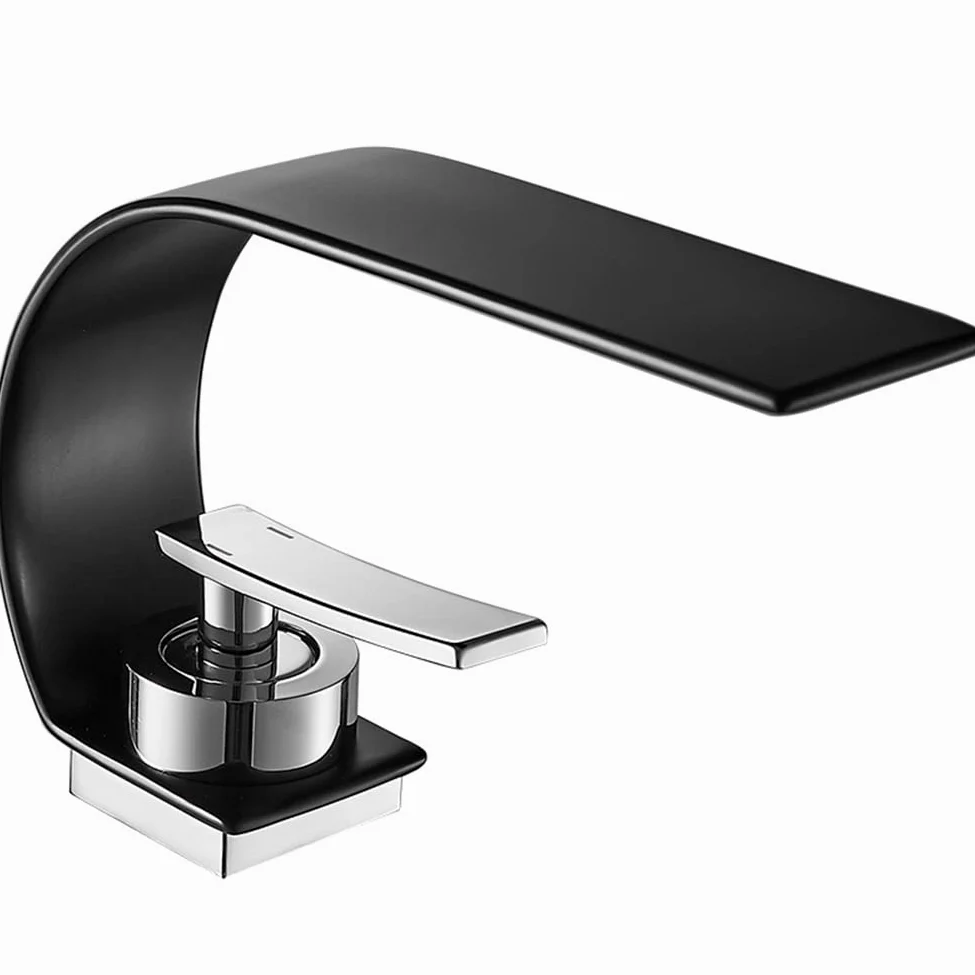 Nowoczesna czarna bateria umywalkowa łazienkowa - stylowy mosiężny pojedynczy uchwyt bateria mieszająca z ciepłą i zimną wodą - wodospad design umywalka armatura do współczesnych przestrzeni