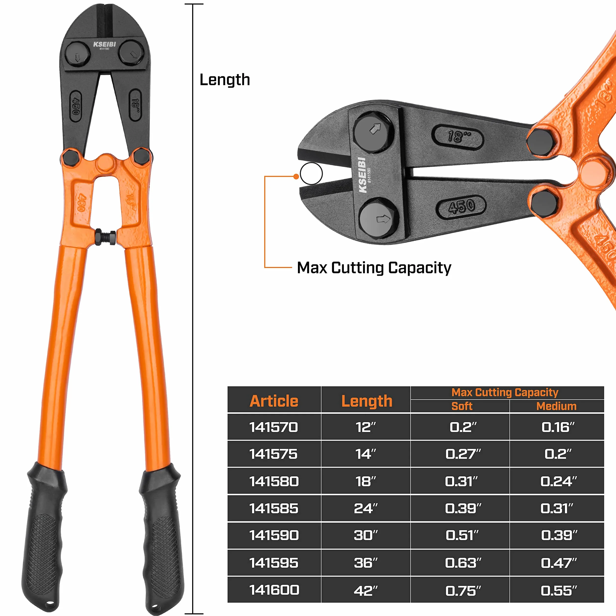 KSEIBI 141575 Małe nożyce do śrub 35,5 cm, wytrzymałe nożyce do śrub, do drutu chromowo-anodowego, z miękkim uchwytem ergonomicznym, idealne do cięcia małych ogrodzeń, drutu stalowego, łańcuchów,