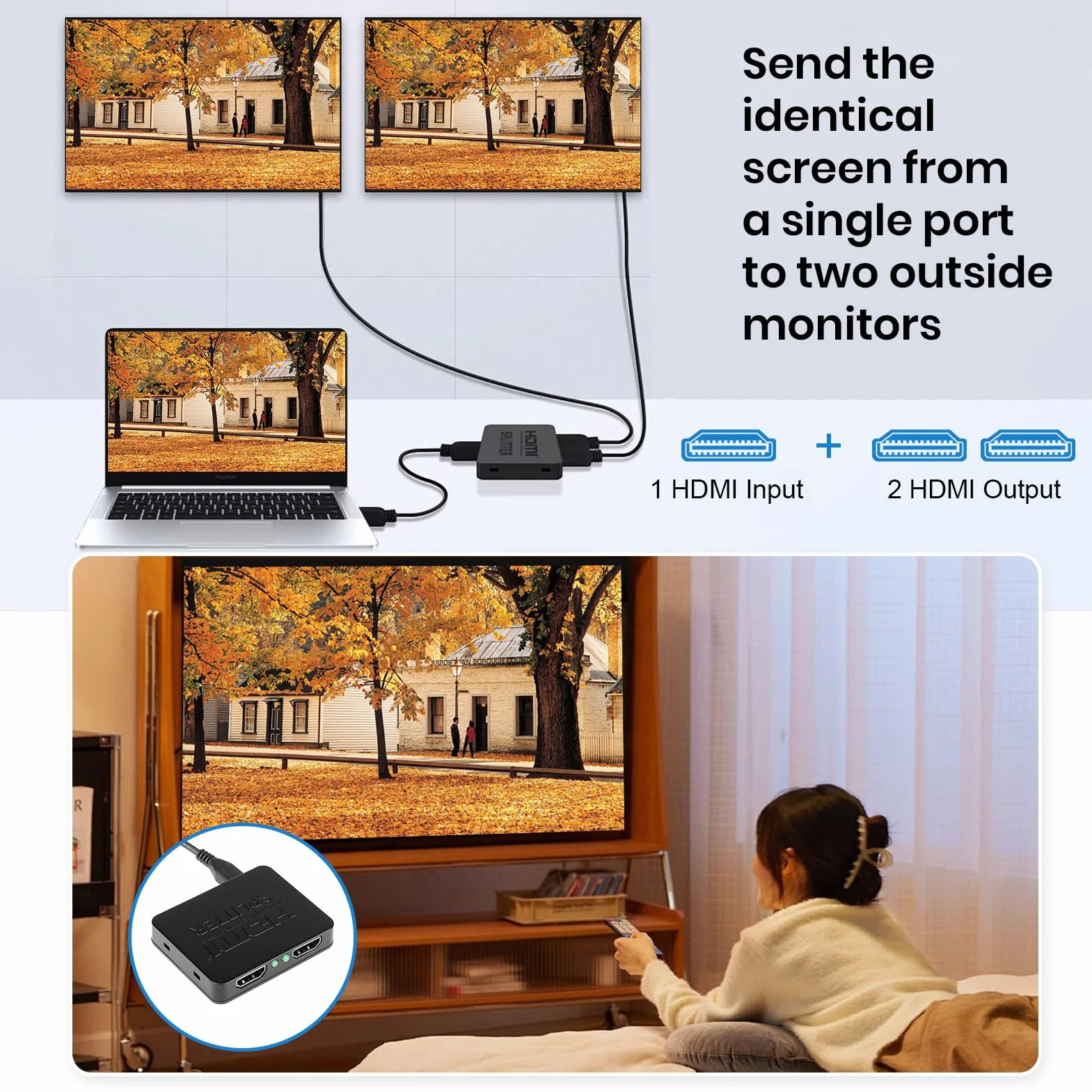 Rozdzielacz HDMI 1 w 2 wyjścia z synchronizacją audio, rozdzielacz HDMI 4K do podwójnych monitorów lustrzany wyświetlacz, do MacBooka, PC, laptopa, komputera stacjonarnego, konsoli do gier