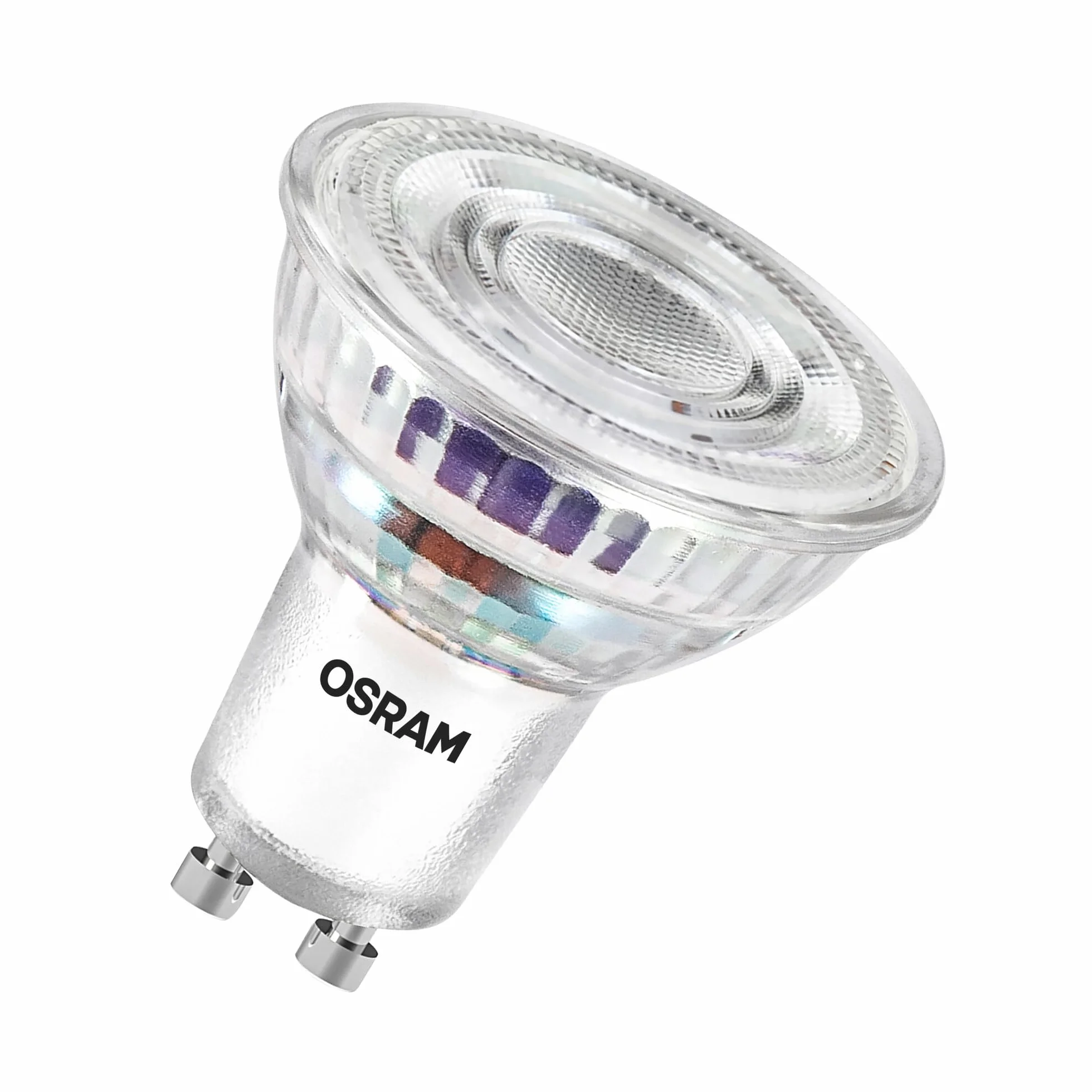 Reflektor LED OSRAM klasy energetycznej PAR16 o mocy 4,7 W, 850 lm, ciepłej bieli (2700 K) wykonany z przezroczystego szkła bezołowiowego z trzonkiem GU10 w klasie efektywności energetycznej A,