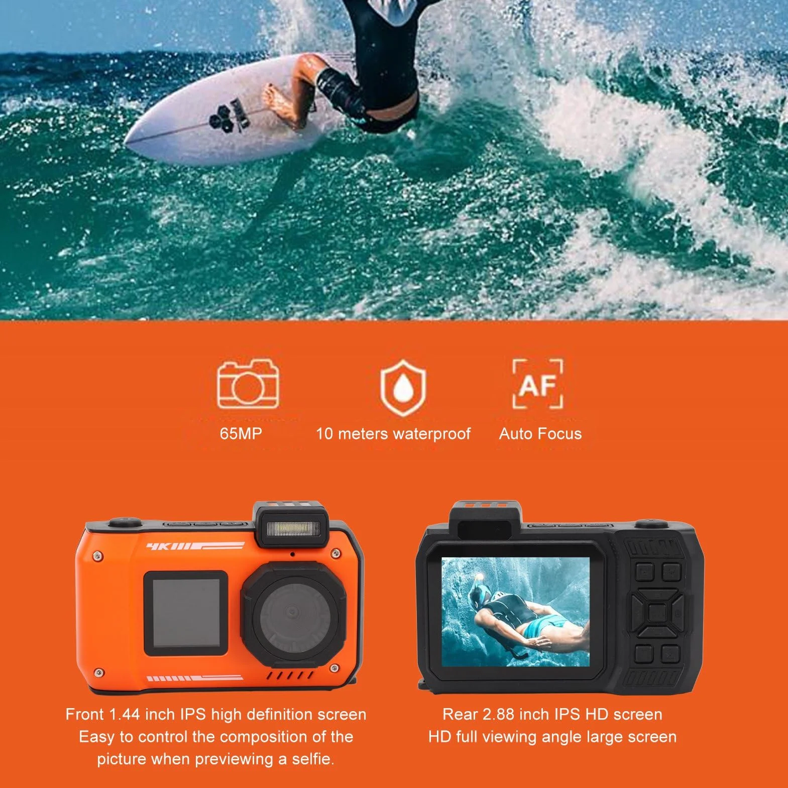 Aparat Podwodny 65 MP 4K Wodoodporny Cyfrowy 33 Stóp Autofokus Selfie Podwójny Ekran Zoom 18X (ORANGE)