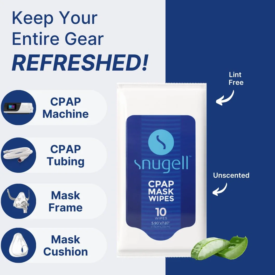 CPAP Maskenwischtücher 12 Reisepackungen von Snugell | 12 wiederverschließbare Beutel mit je 10 Blatt | geruchlos 100% weiche Baumwolle | hautfreundlich mit Aloe Vera | schnell & einfach zu öffnende Beutel | saubere CPAP-Maske und Geräte |