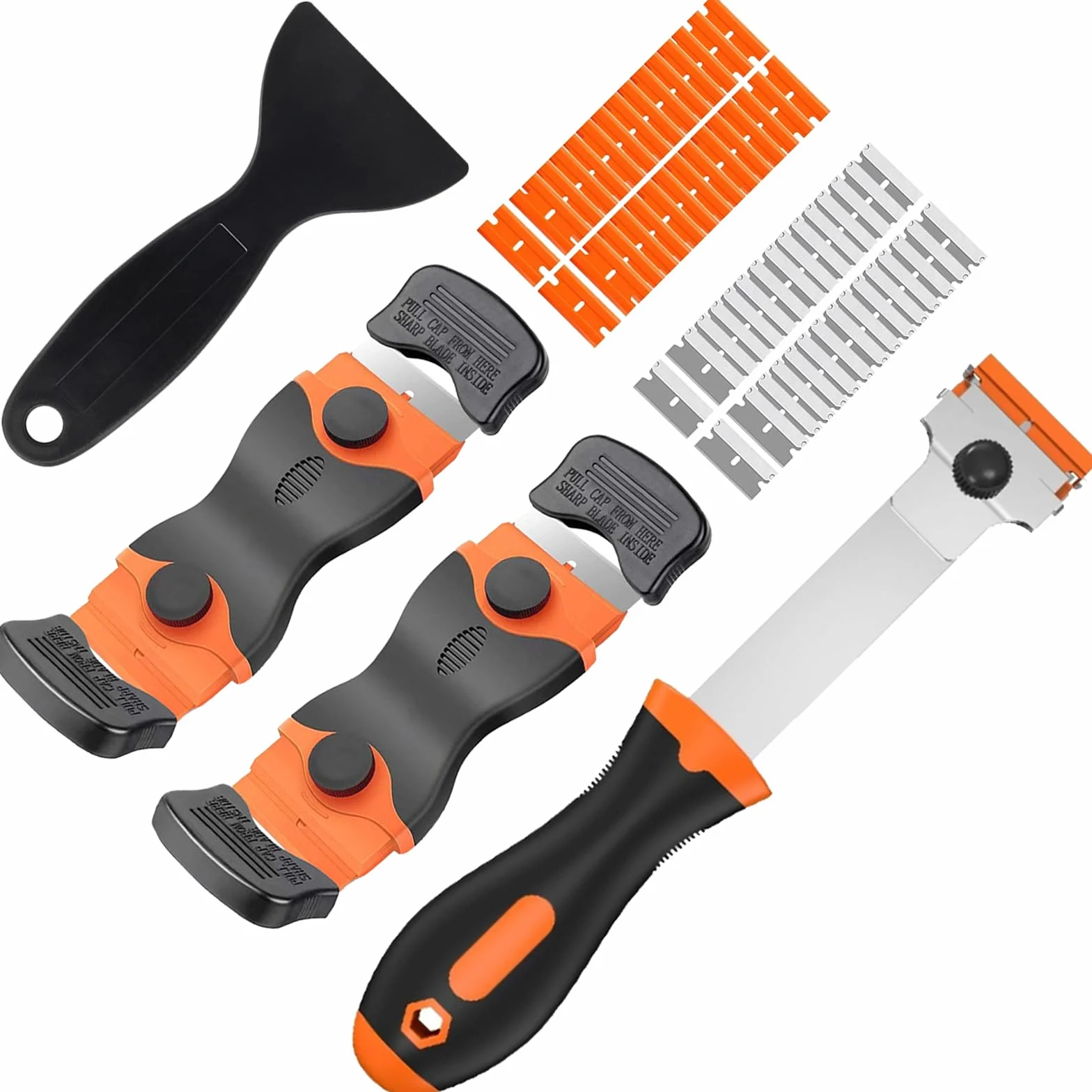 Razor Scraper Tool Set Zestaw 4 Narzędzi z 60 Ostrzami. Usuwanie Farby, Naklejek, Kleju z Szyb, Płytek, Kuchenek. Idealny do Powierzchni DIY.