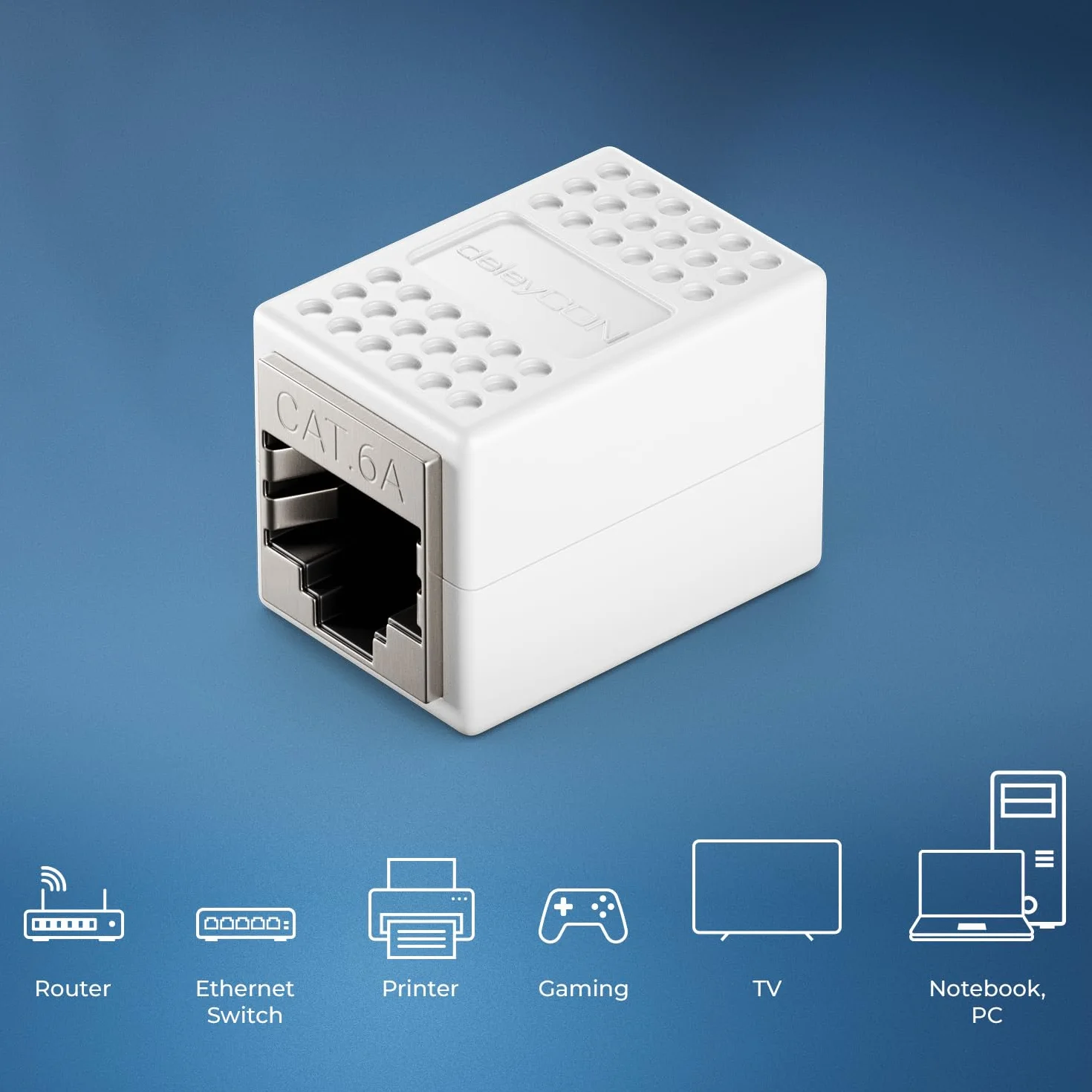 deleyCON 4 Sztuki Łącznik RJ45 (10 Gbit/s) Przedłużacz Kabla LAN Kabel Sieciowy Adapter Ethernet Złącze Kompatybilne z Cat8, Cat7, Cat6, Cat5 Kabel Krosowy LAN DSL POE 2X Gniazdo RJ45 - Biały